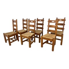 Vintage French Oak Dining Chairs With Tall Backs - Set of 6