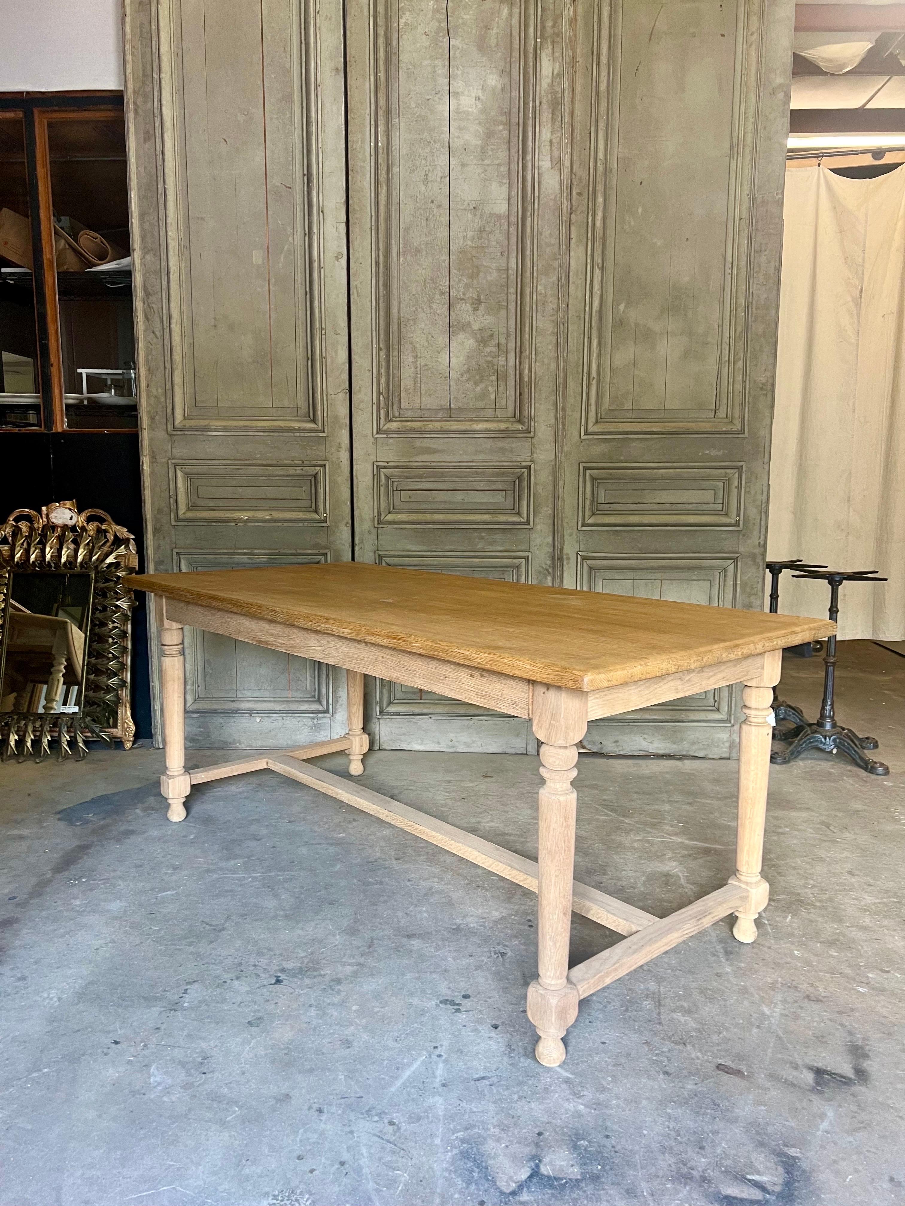 Handcrafted vintage French oak dining table that has been stripped exposing the lovely and durable hard wood.  Includes a protective polyacrylic coating on the top making it a useful every day table for dining.  Discovered recently in Northern