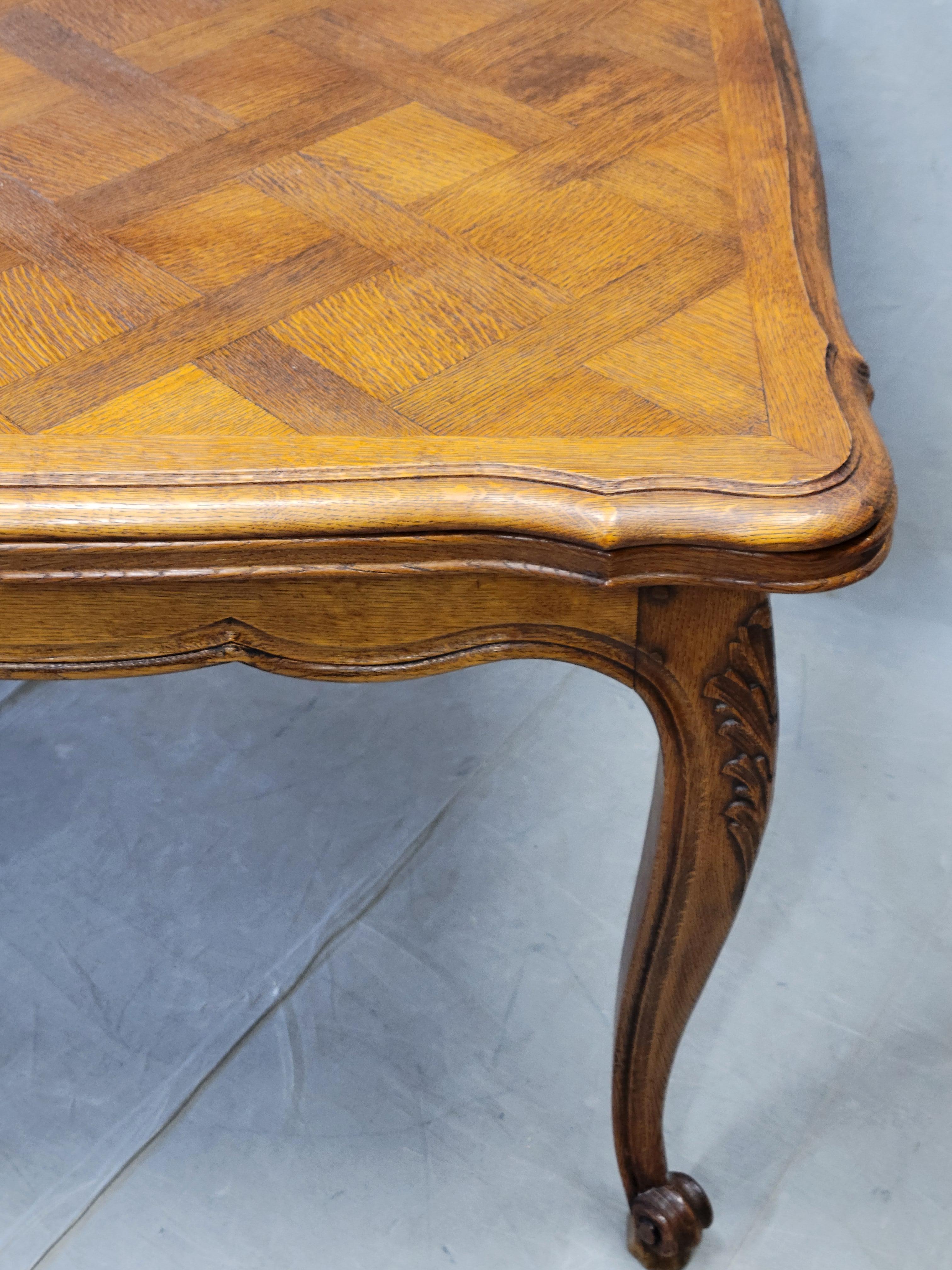 Vintage French Oak Parquet Top Draw Leaf Table 5