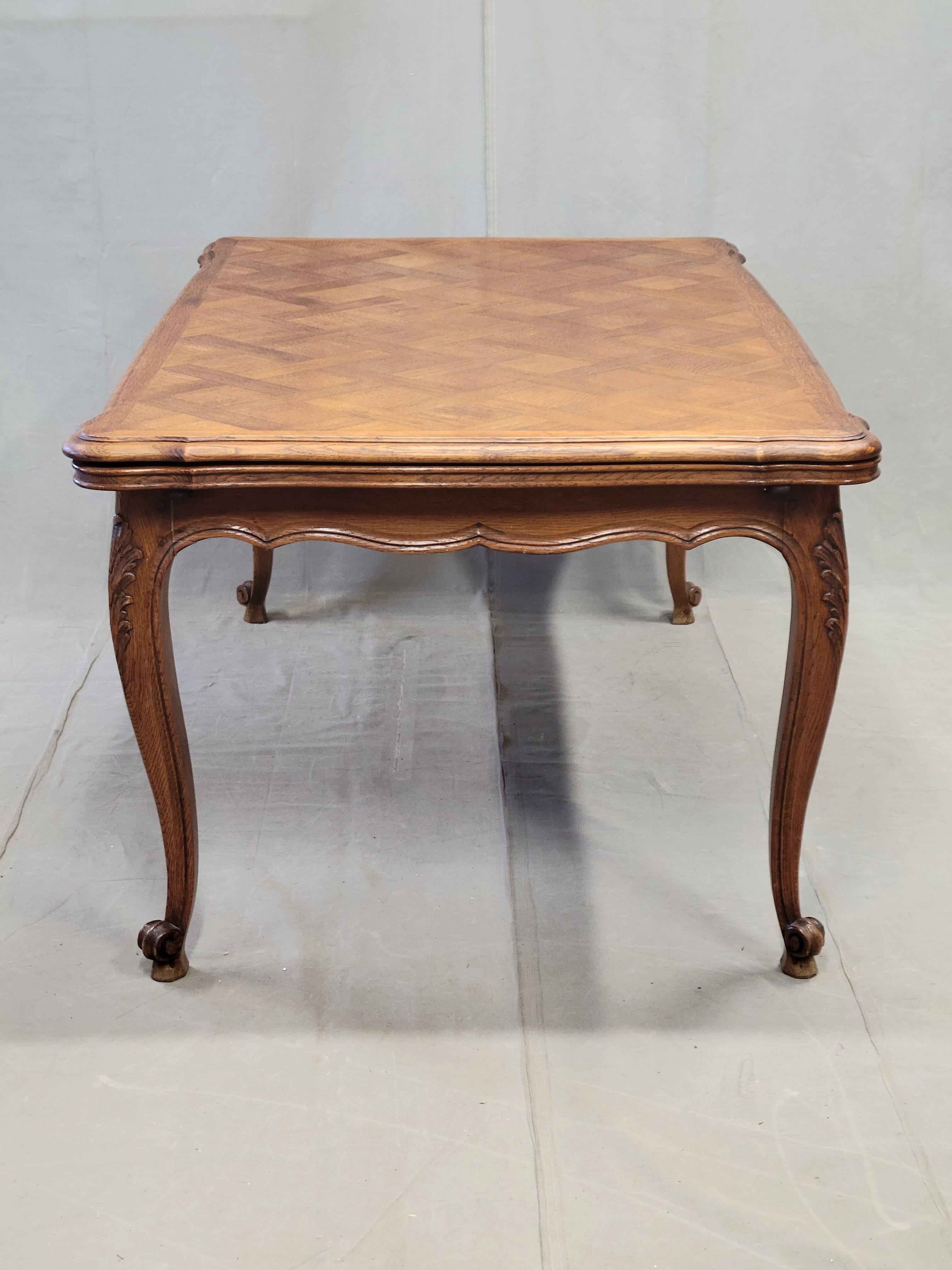 Vintage French Oak Parquet Top Draw Leaf Table 6