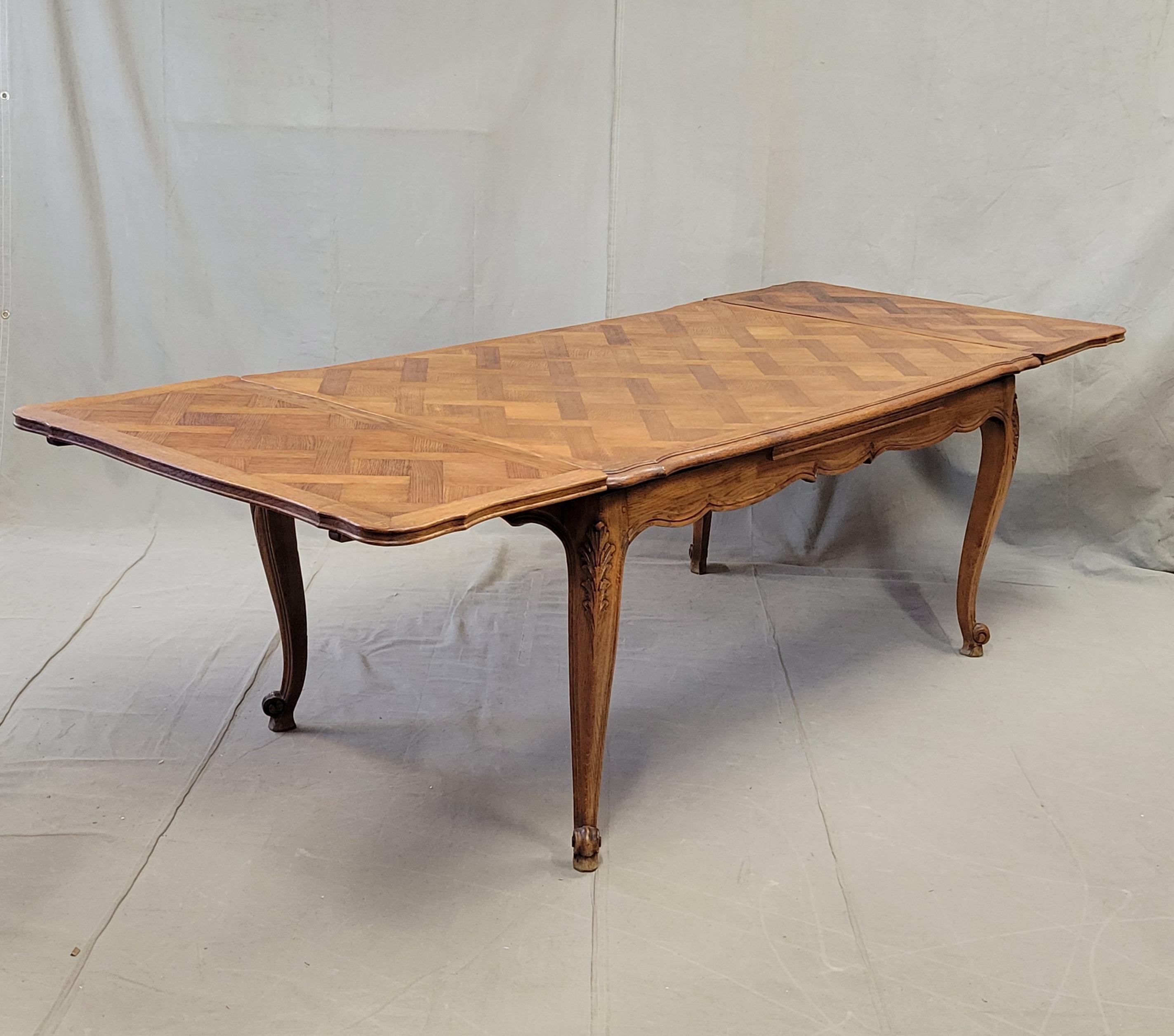 French Provincial Vintage French Oak Parquet Top Draw Leaf Table