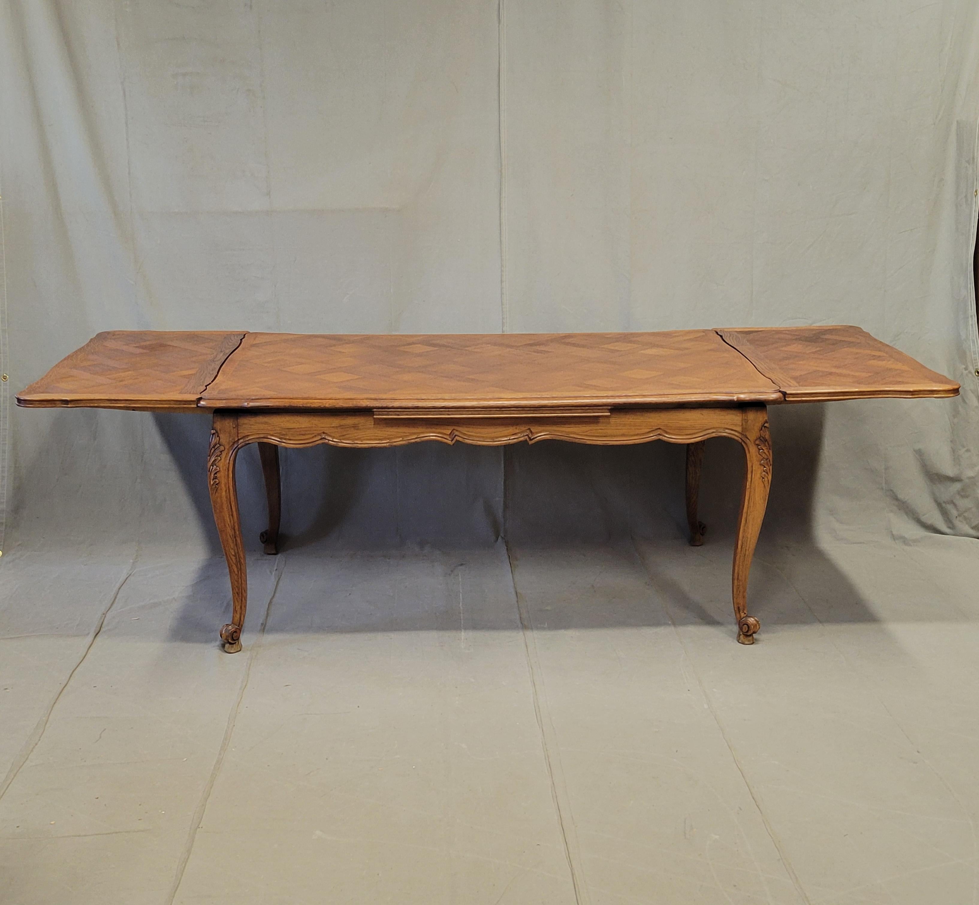 Vintage French Oak Parquet Top Draw Leaf Table In Good Condition In Centennial, CO