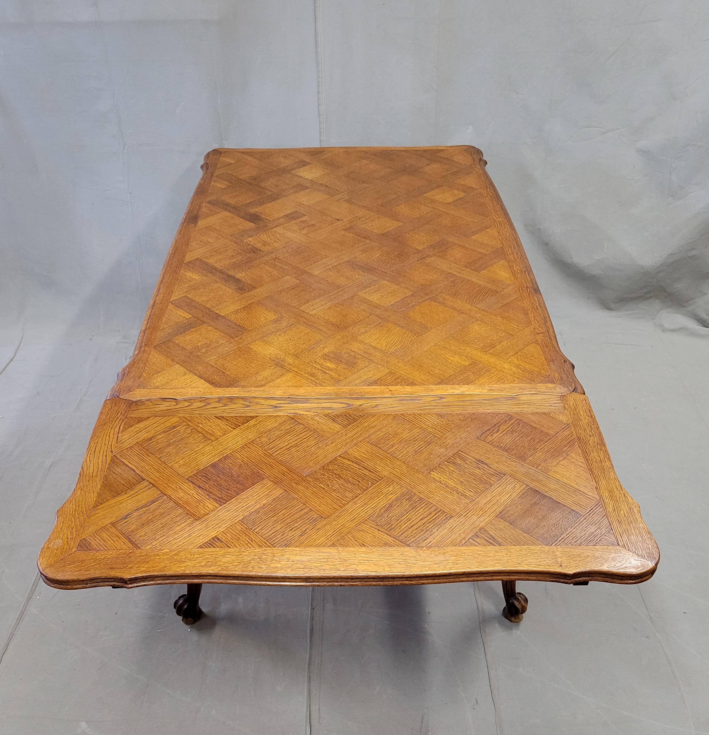 20th Century Vintage French Oak Parquet Top Draw Leaf Table
