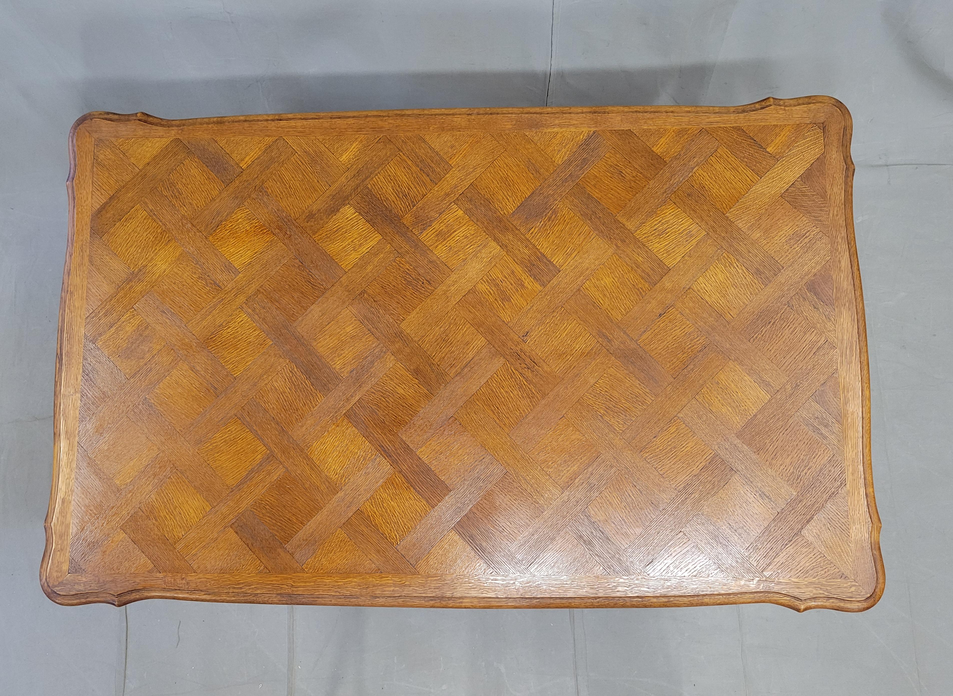 Vintage French Oak Parquet Top Draw Leaf Table 1