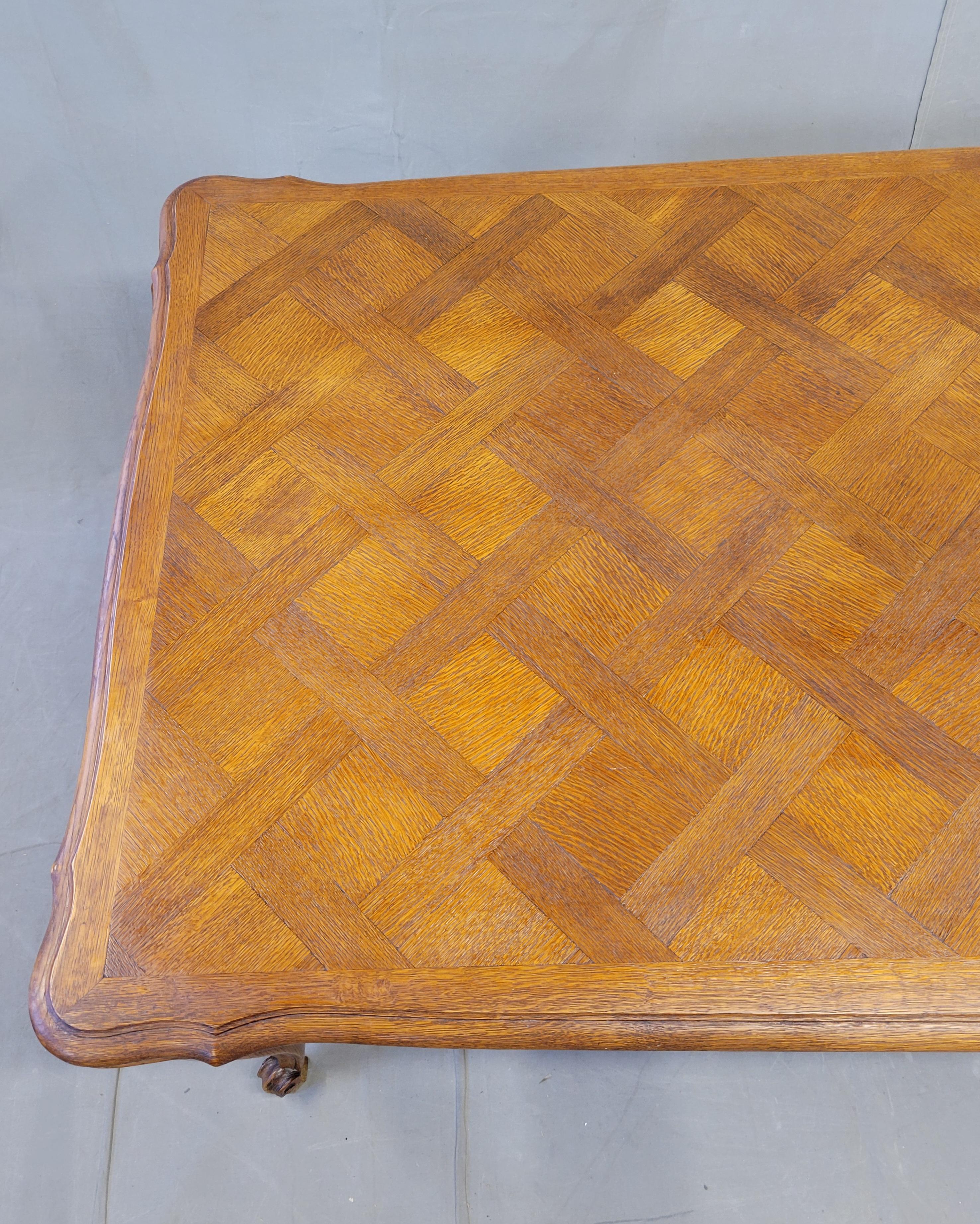 Vintage French Oak Parquet Top Draw Leaf Table 2