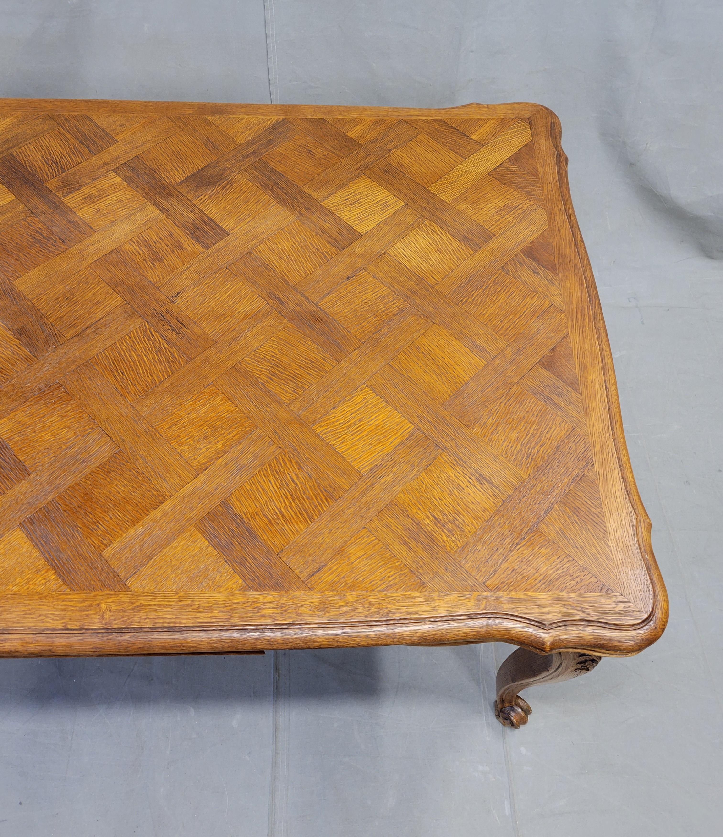 Vintage French Oak Parquet Top Draw Leaf Table 3
