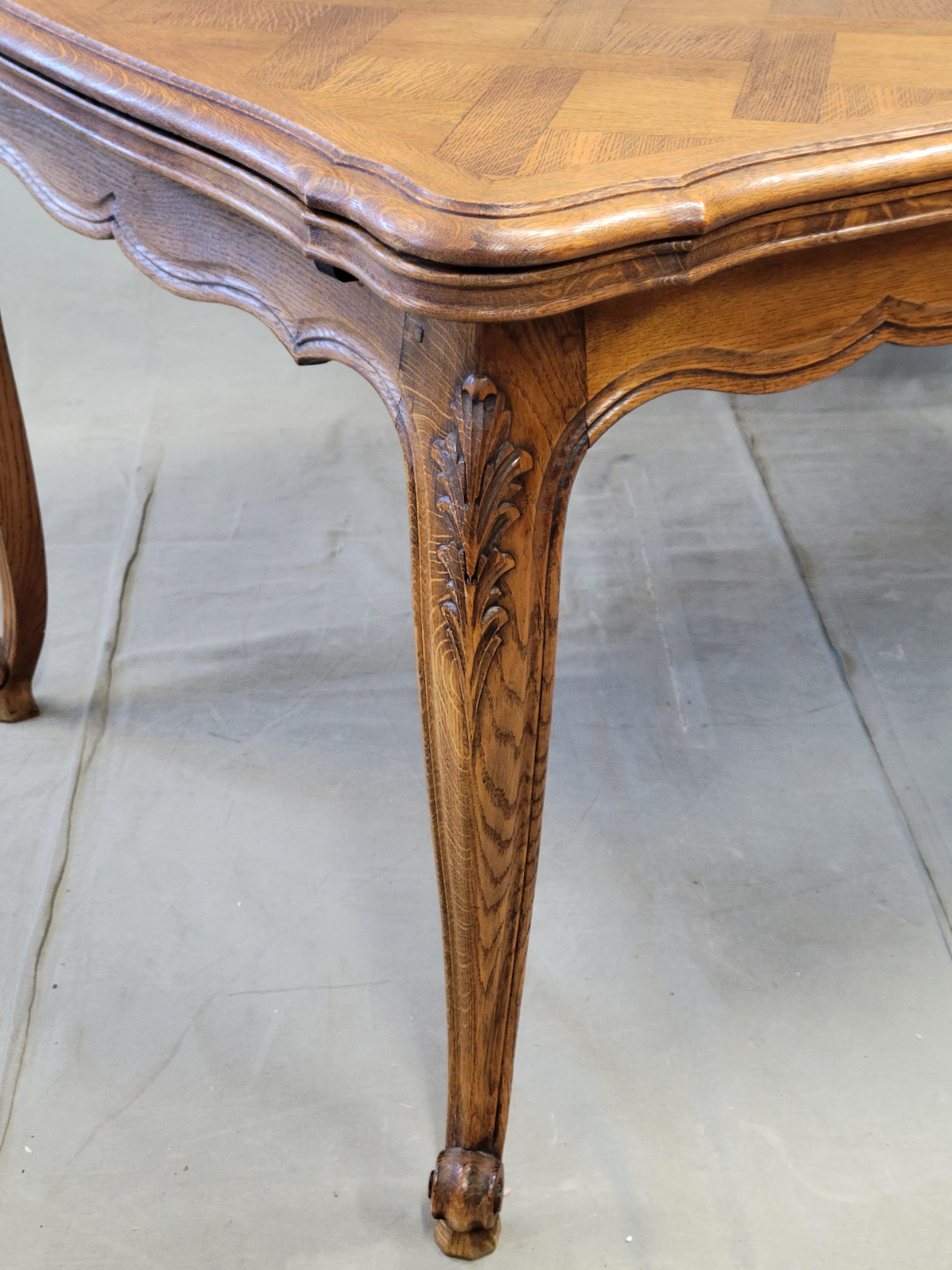 Vintage French Oak Parquet Top Draw Leaf Table 4