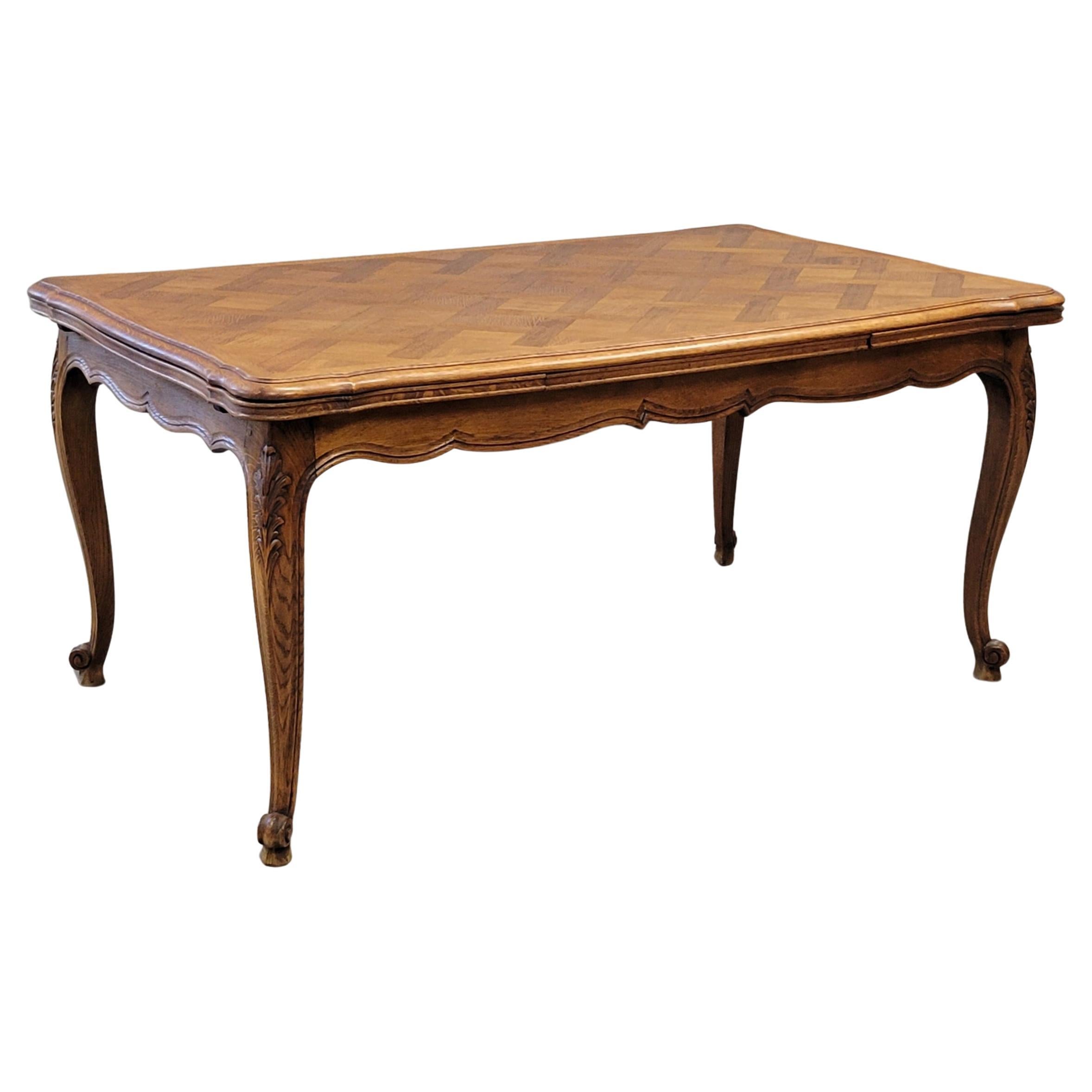 Vintage French Oak Parquet Top Draw Leaf Table