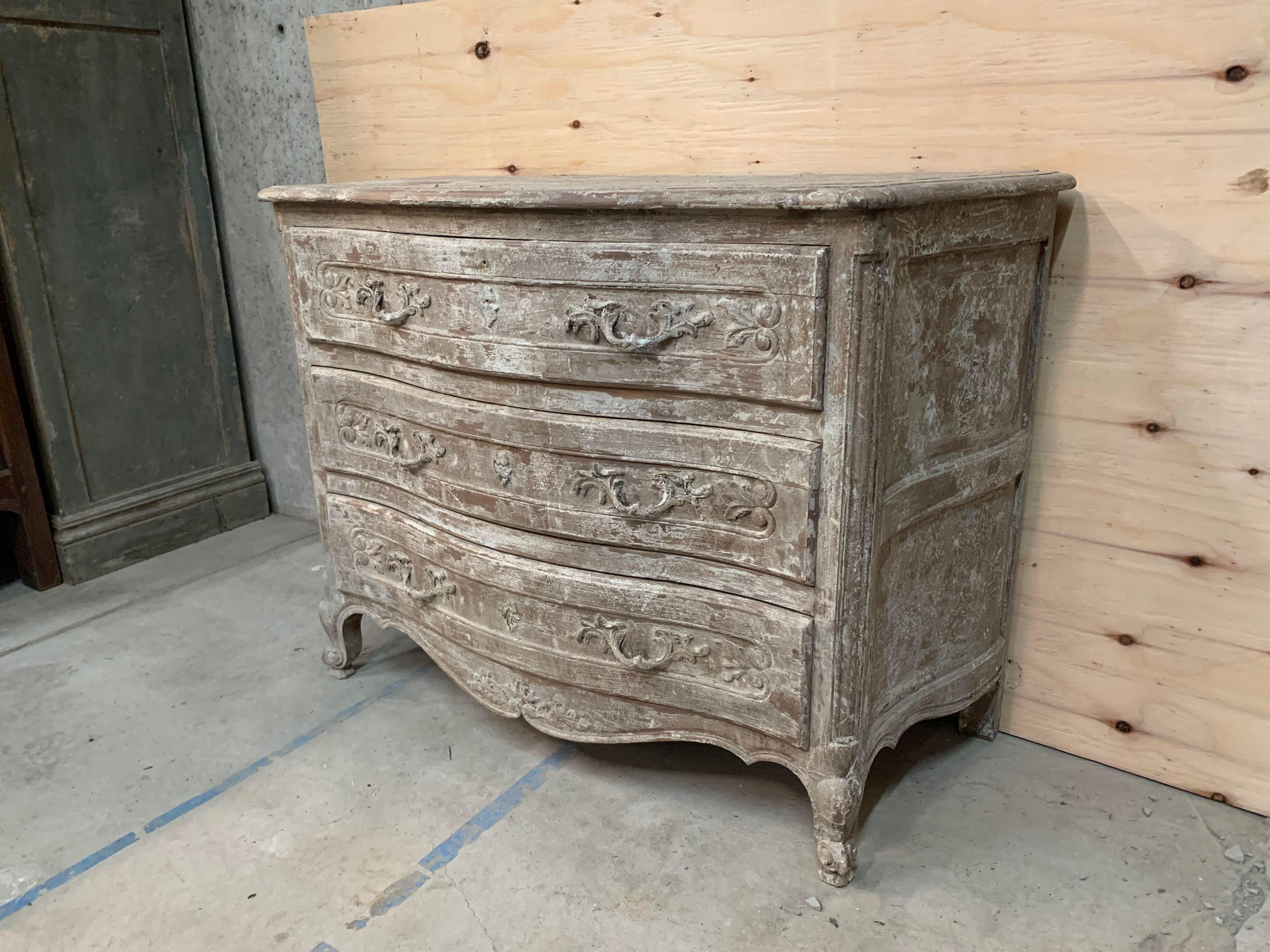 Hand-Crafted Vintage French Off White Painted and Distressed Three Drawer Dresser For Sale