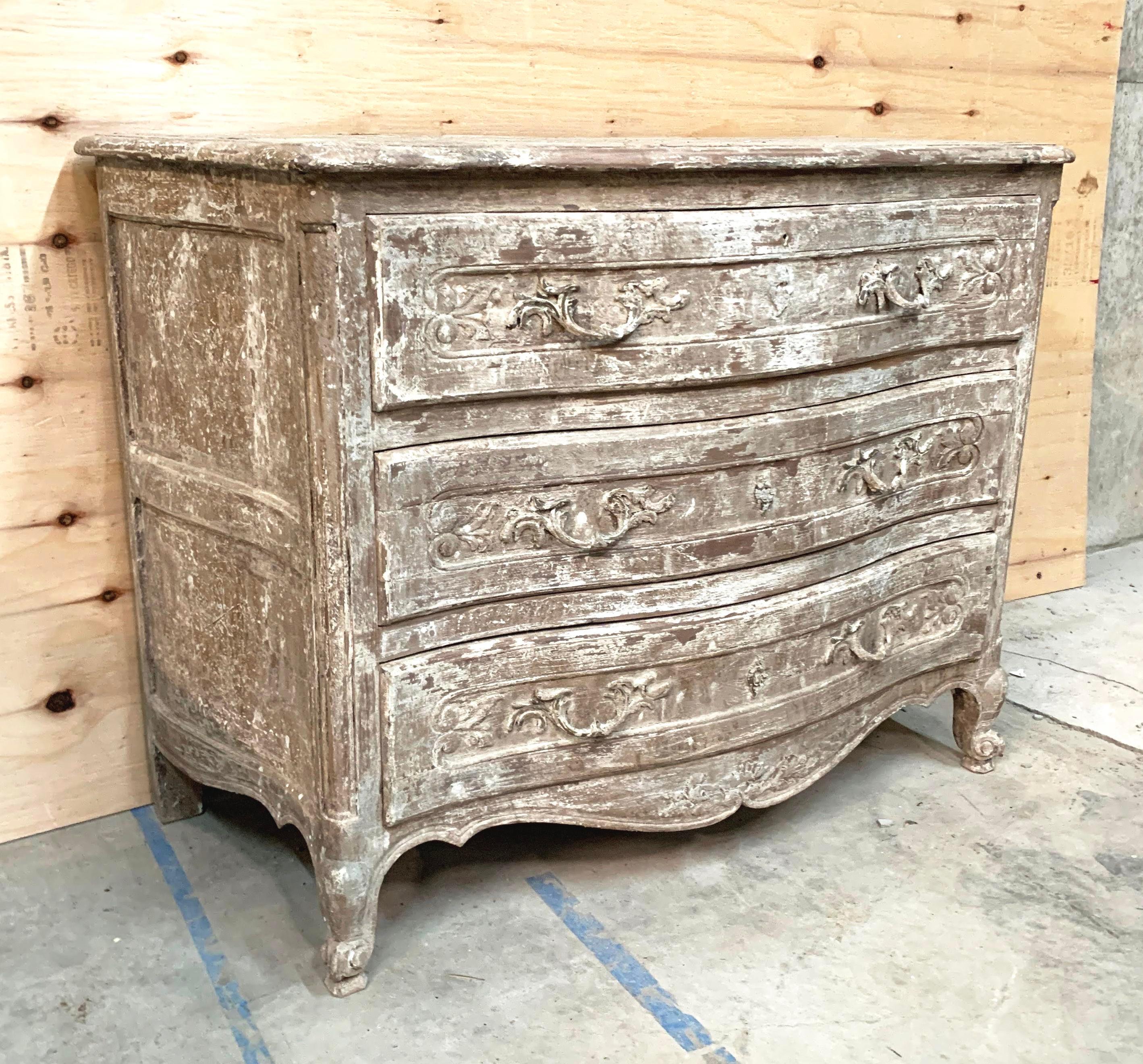 Mid-20th Century Vintage French Off White Painted and Distressed Three Drawer Dresser For Sale