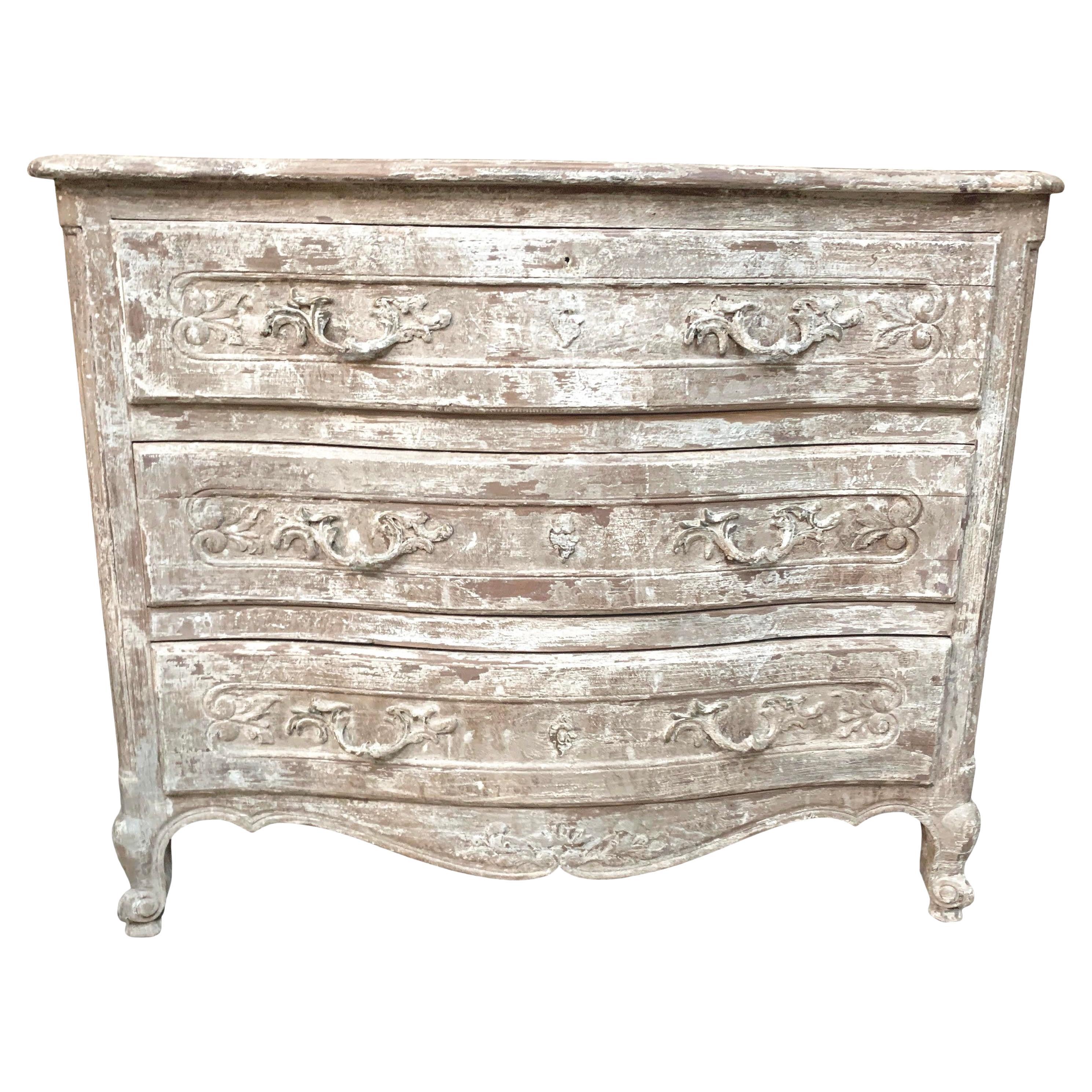 Vintage French Off White Painted and Distressed Three Drawer Dresser For Sale