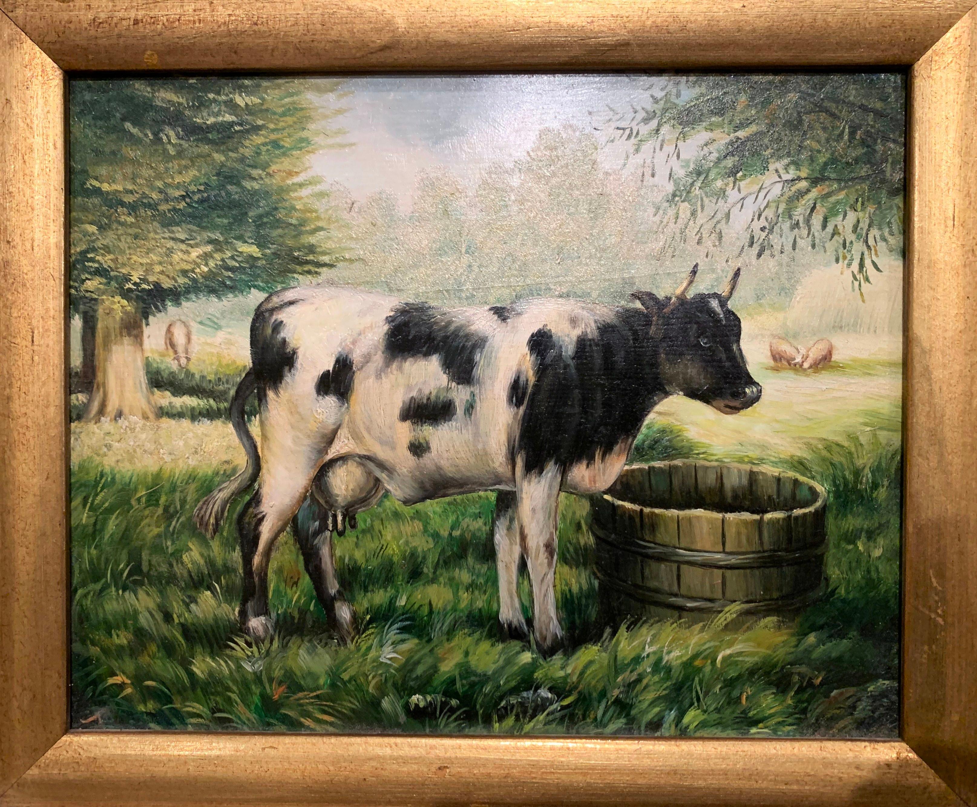 Decorate a wall this this elegant and colorful cow painting. Crafted in France circa 1980, and set in the original carved gilt wood frame, the art work is painted on board and features a cow in the pasture next to a wood barrel trough with trees in