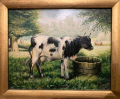 Vintage French Oil on Board Cow Painting in Carved Giltwood Frame