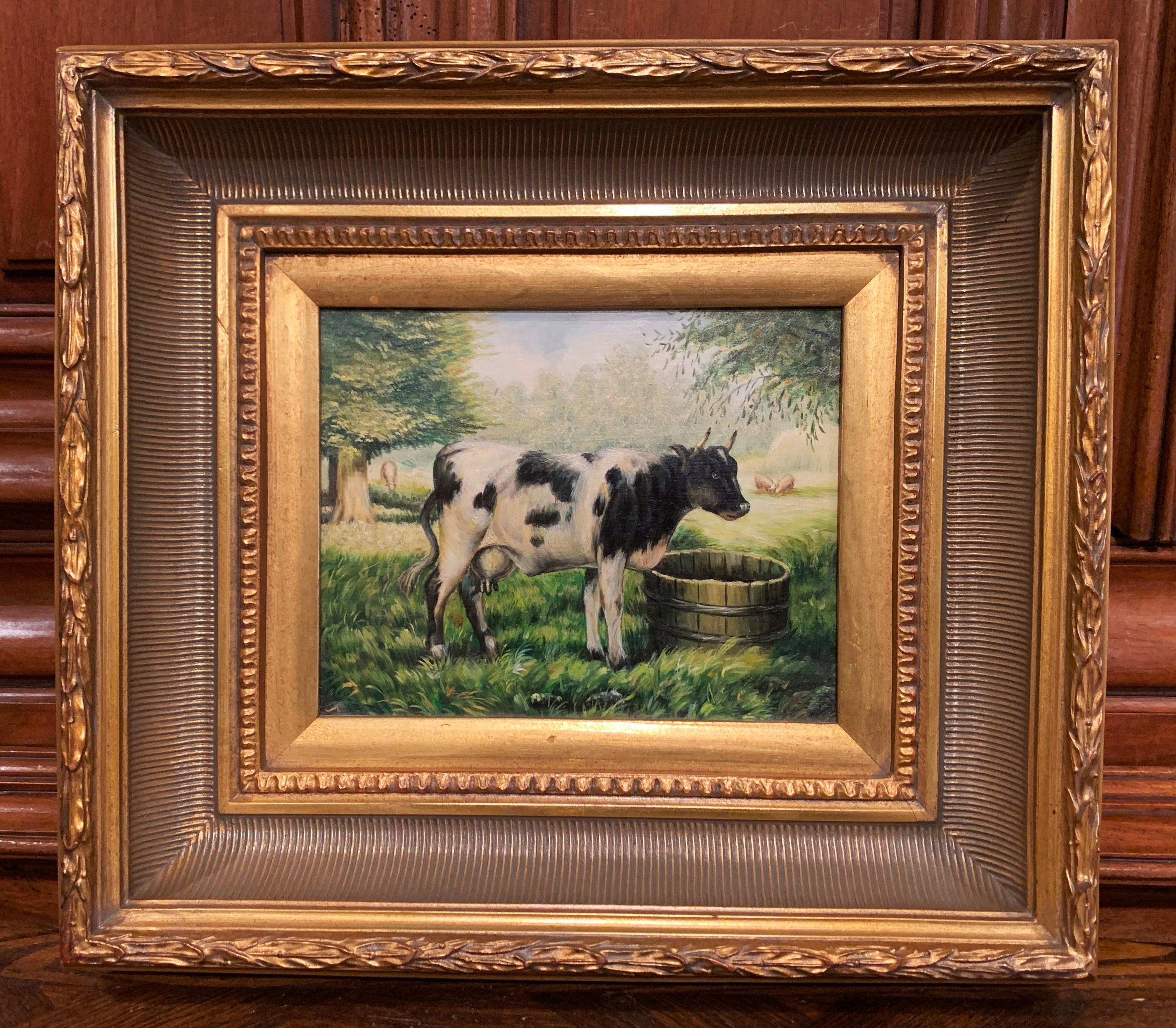 Country Vintage French Oil on Board Cow Painting in Carved Giltwood Frame
