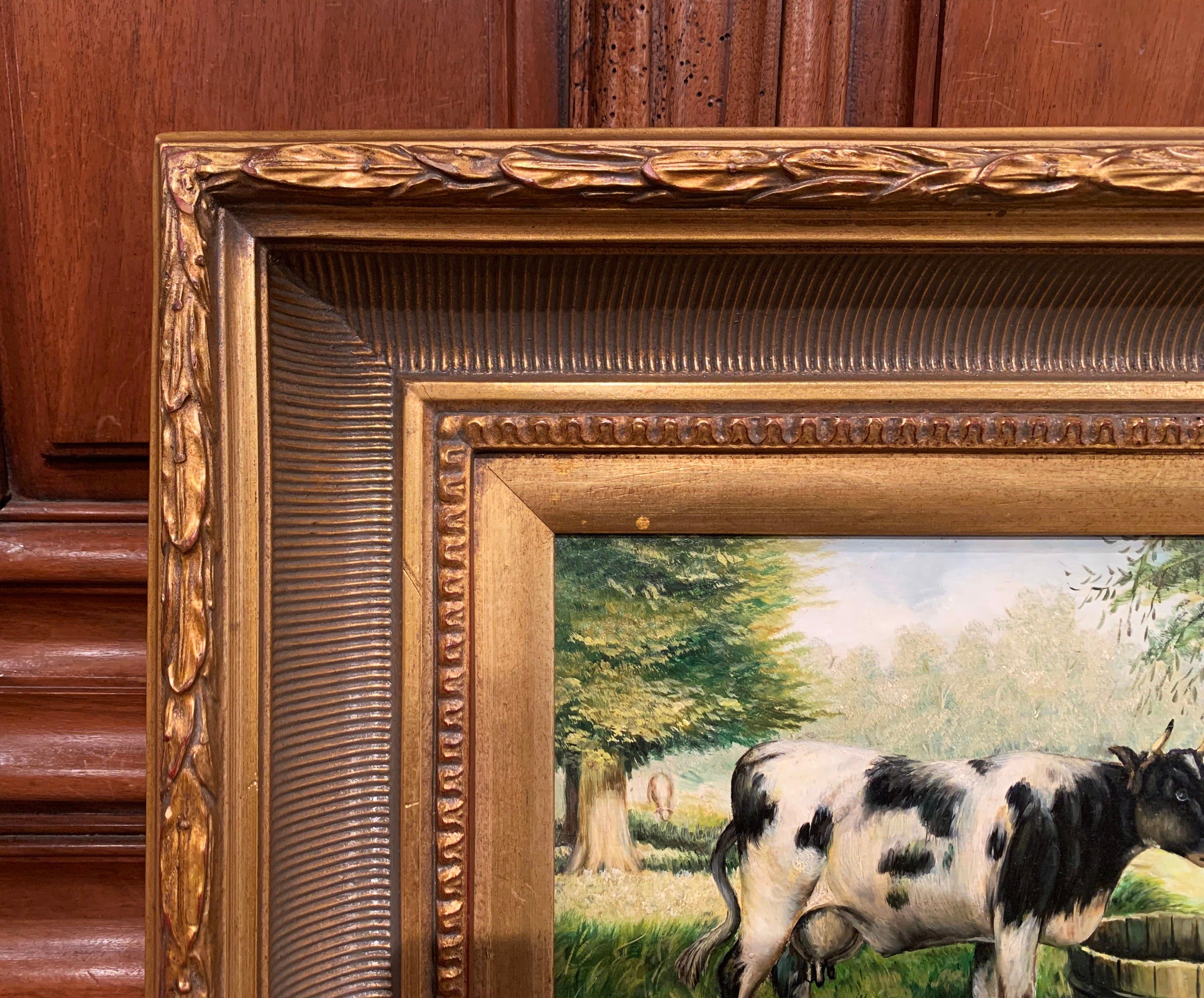 Hand-Carved Vintage French Oil on Board Cow Painting in Carved Giltwood Frame