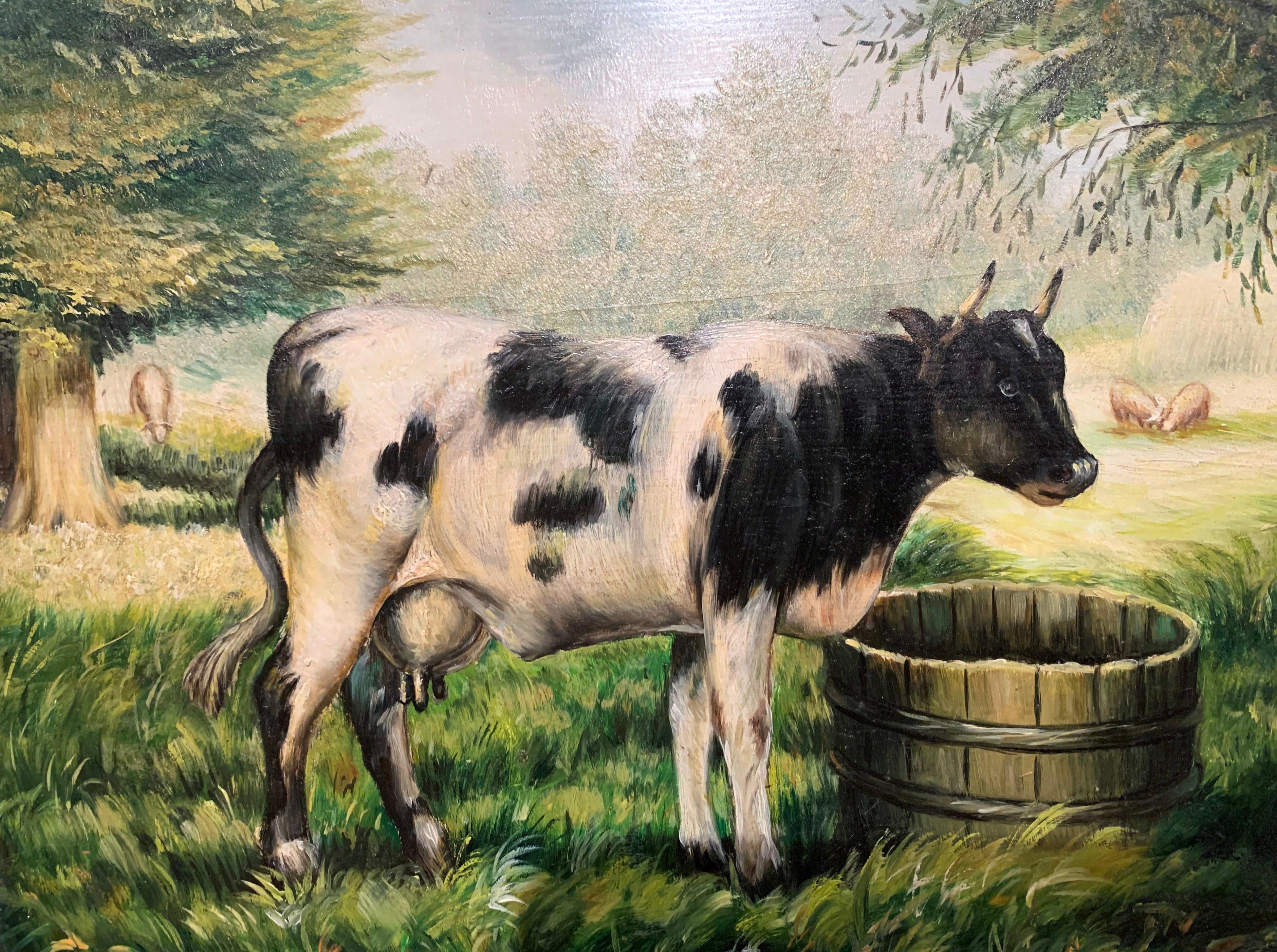 Vintage French Oil on Board Cow Painting in Carved Giltwood Frame In Excellent Condition In Dallas, TX