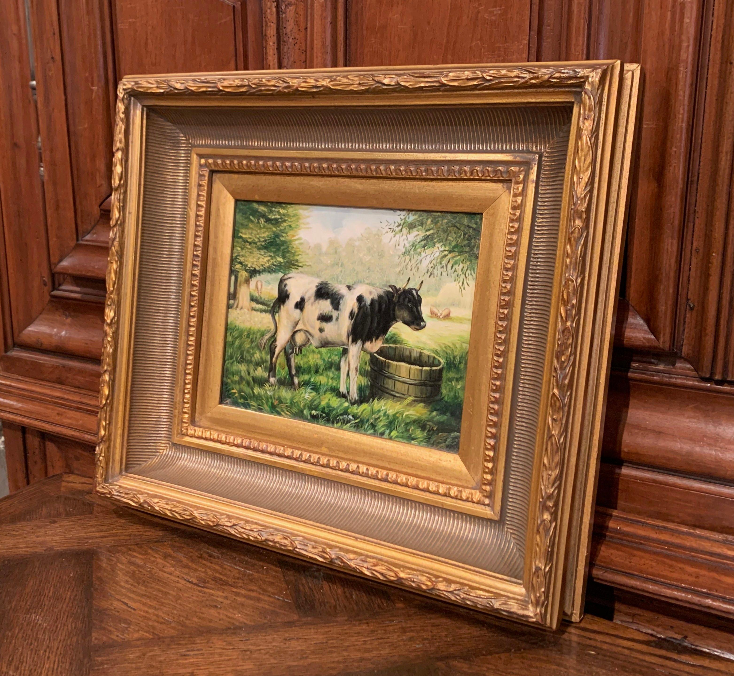 20th Century Vintage French Oil on Board Cow Painting in Carved Giltwood Frame