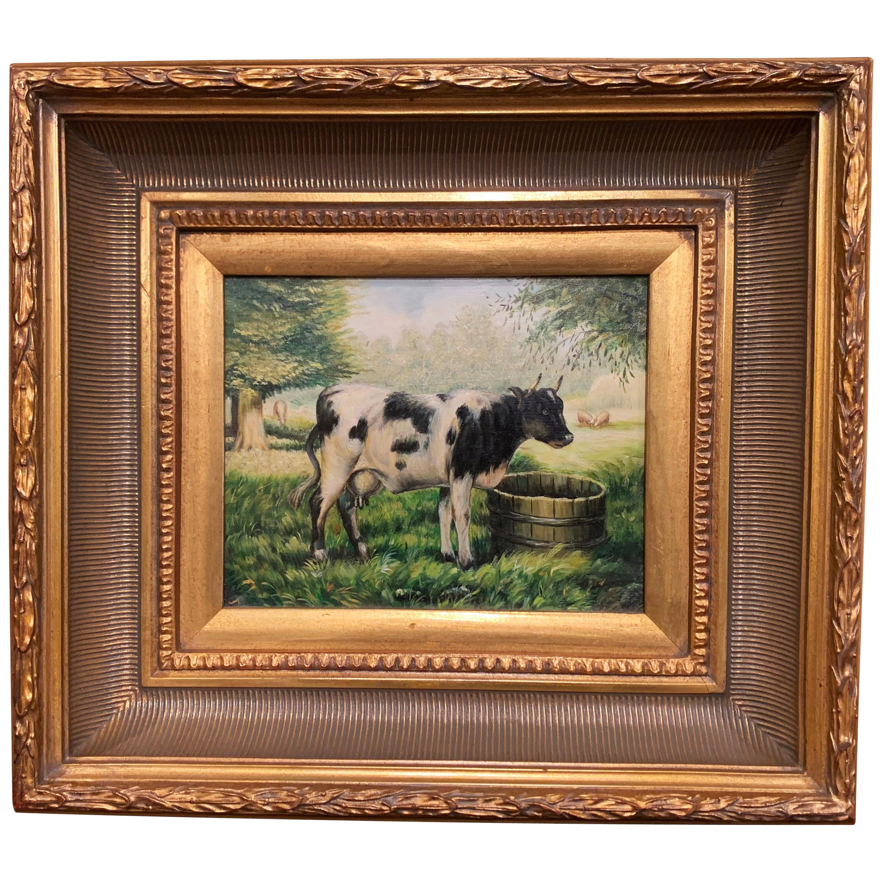 Vintage French Oil on Board Cow Painting in Carved Giltwood Frame