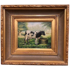 Vintage French Oil on Board Cow Painting in Carved Giltwood Frame