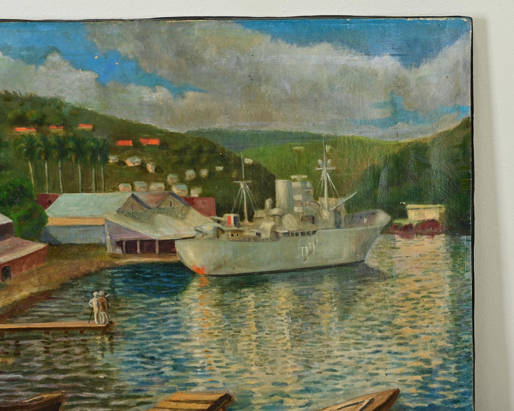 Olio francese d'epoca su tela Scena di porto In condizioni buone in vendita a Baton Rouge, LA