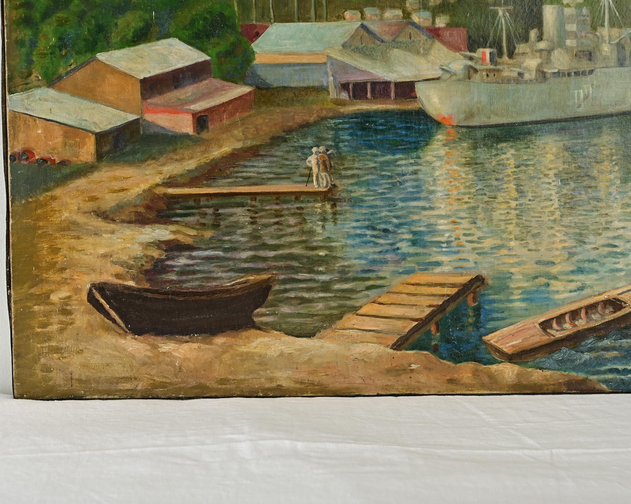 XX secolo Olio francese d'epoca su tela Scena di porto in vendita