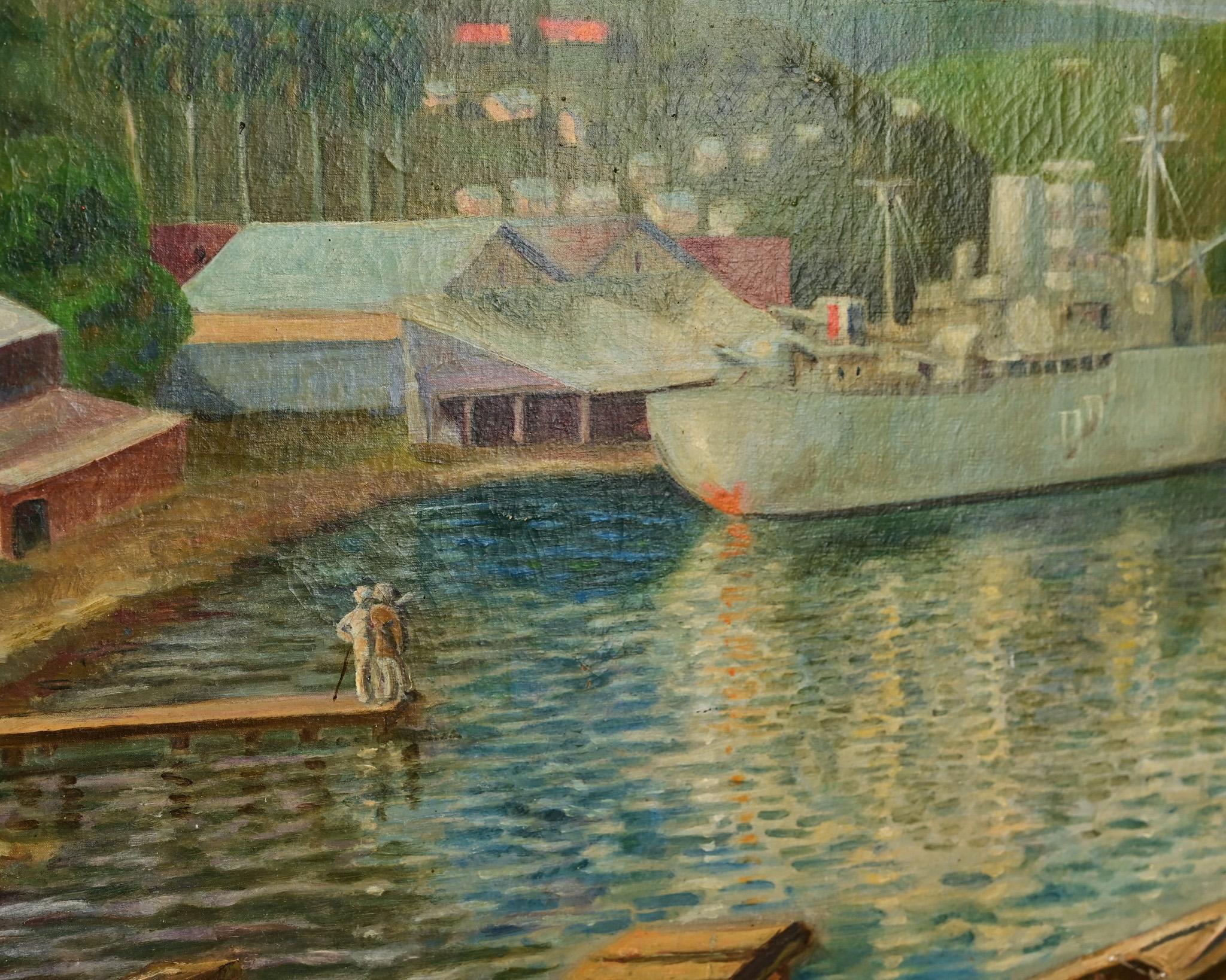 Olio francese d'epoca su tela Scena di porto in vendita 1