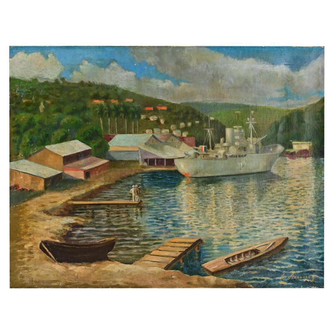 Olio francese d'epoca su tela Scena di porto