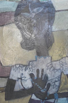 Vintage French Oil on Canvas of Woman Holding a Rosary in the Cubism Style