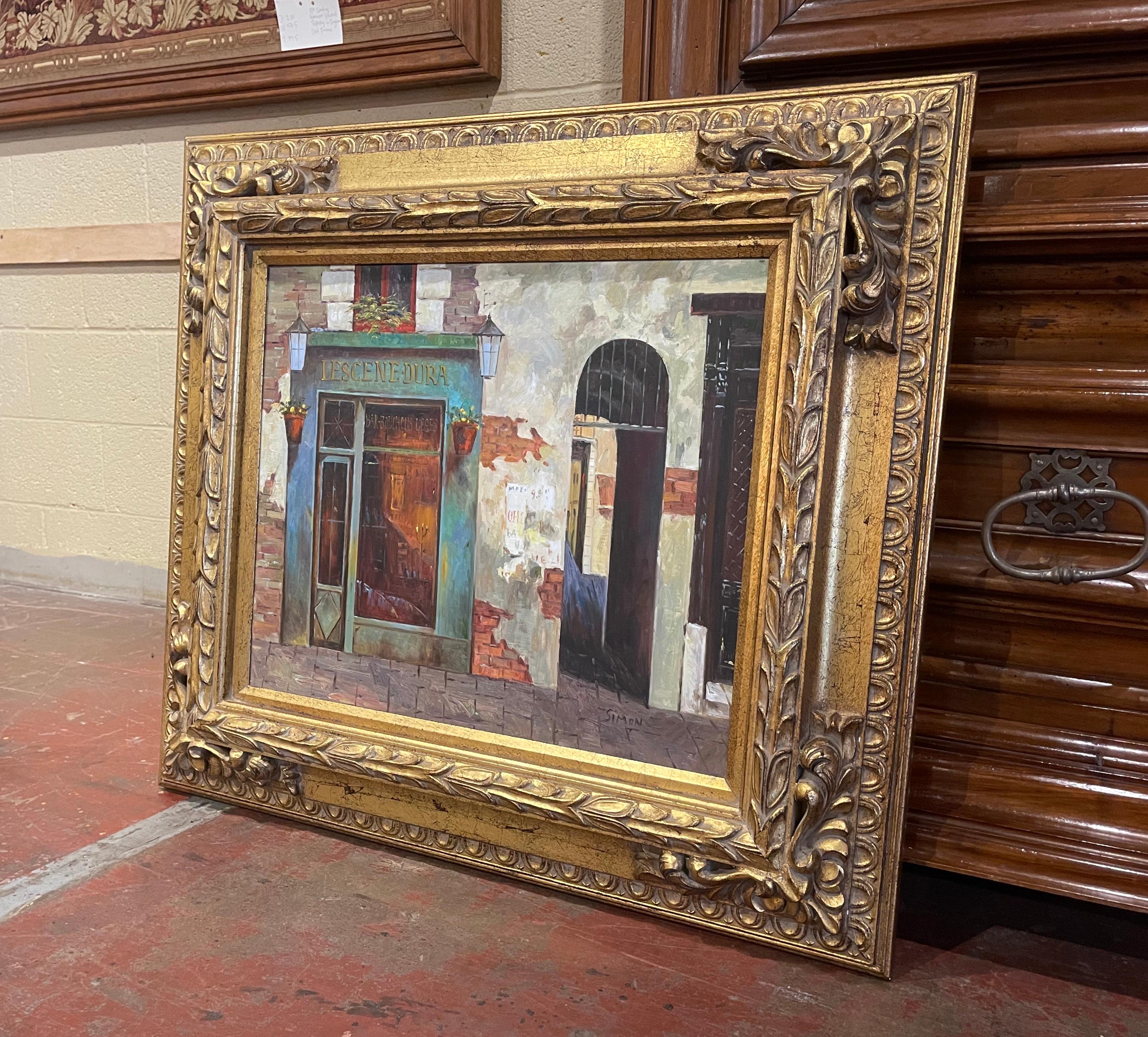 Decorate a living room or bedroom with this elegant street scene painting. Crafted in France circa 1990, this captivating work of art transports you to the romantic streets of Paris, featuring a delightful small shop set against an intricate