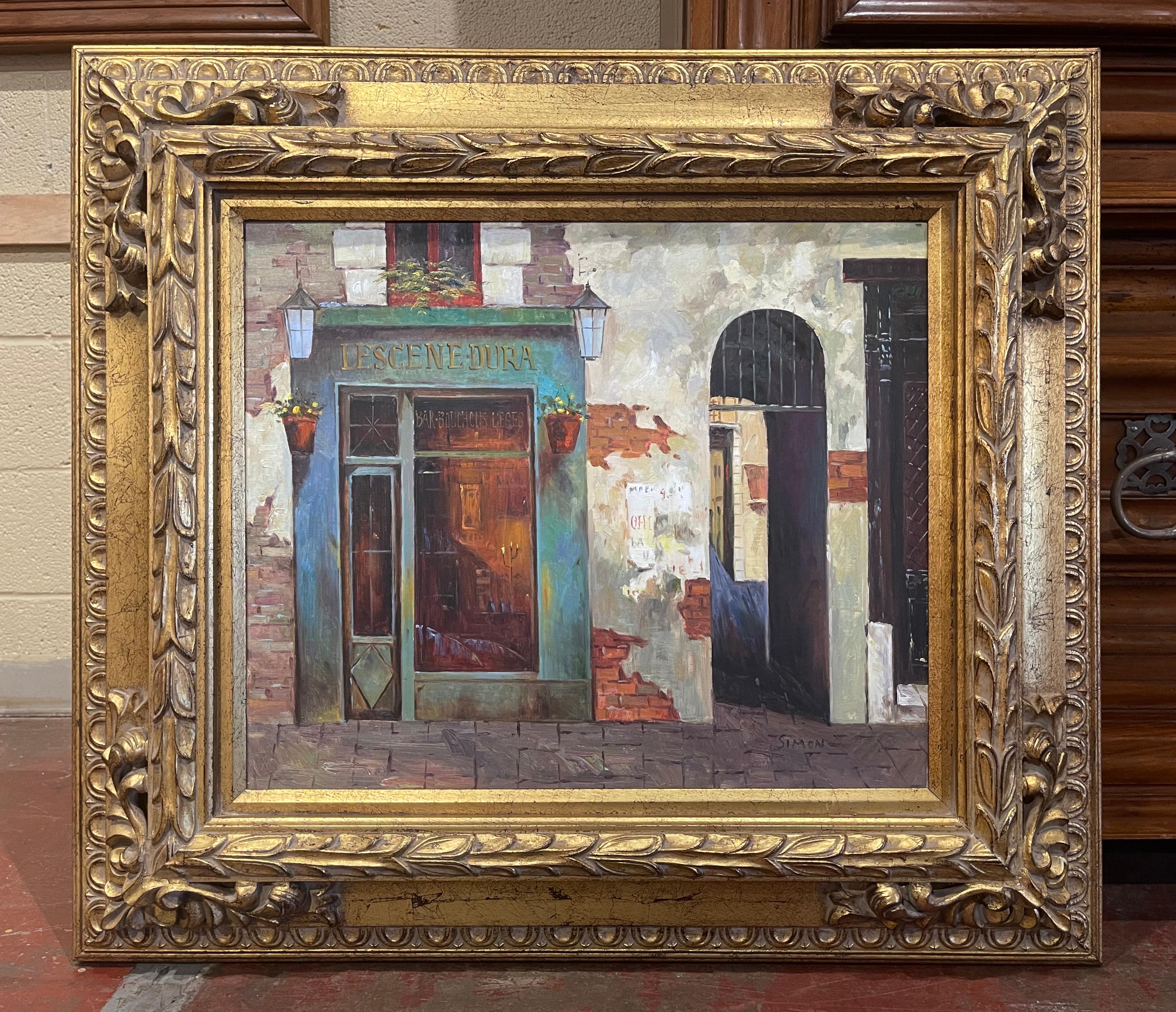 20th Century Vintage French Oil on Canvas Parisian Shop Painting in Gilt Frame Signed Simon