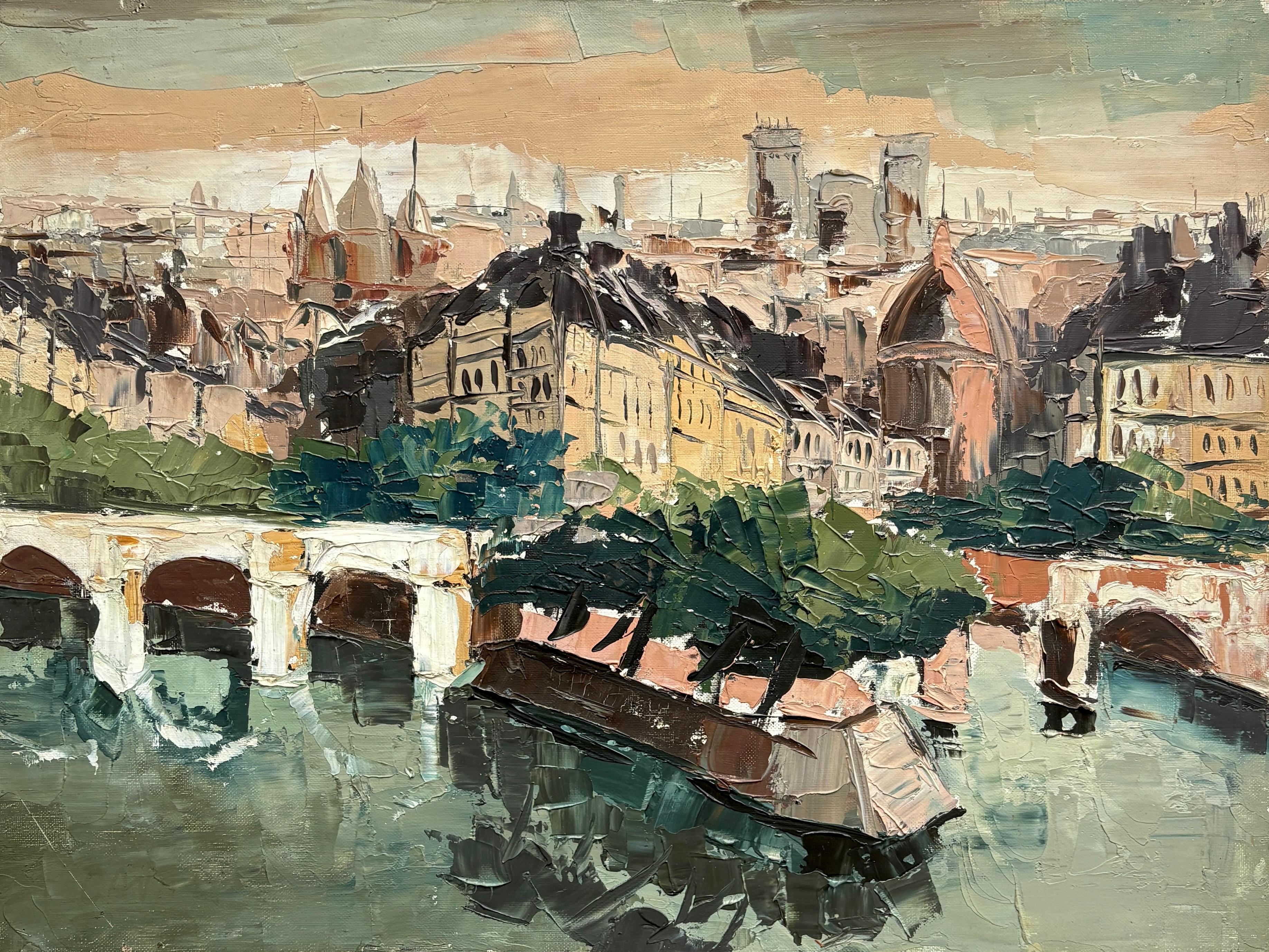 Ein wunderschönes Vintage-Ölgemälde auf Leinwand, das aus Frankreich stammt und vermutlich aus der Zeit um 1960. Das Werk trägt den Titel 