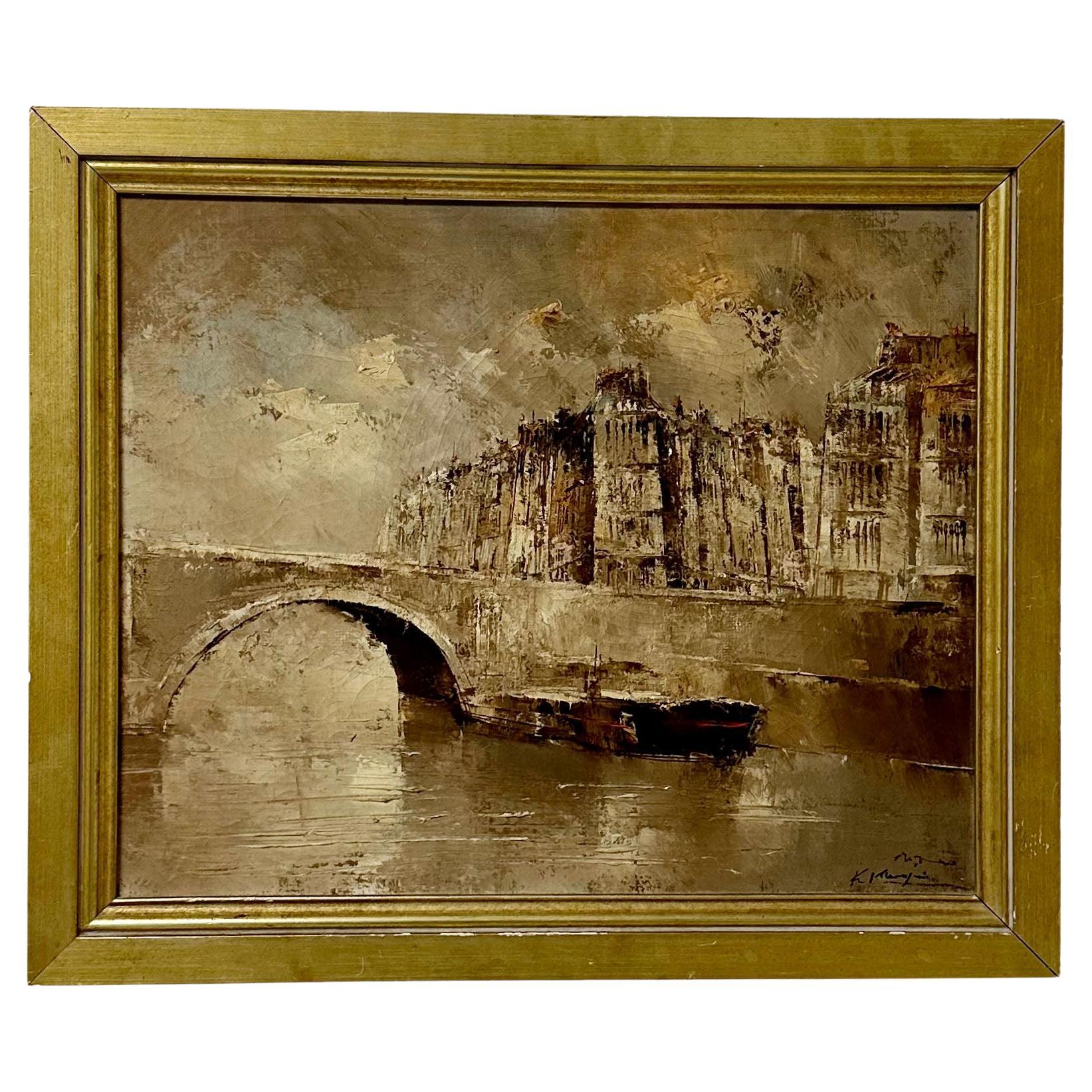 Vintage French Oil Panting of Paris For Sale
