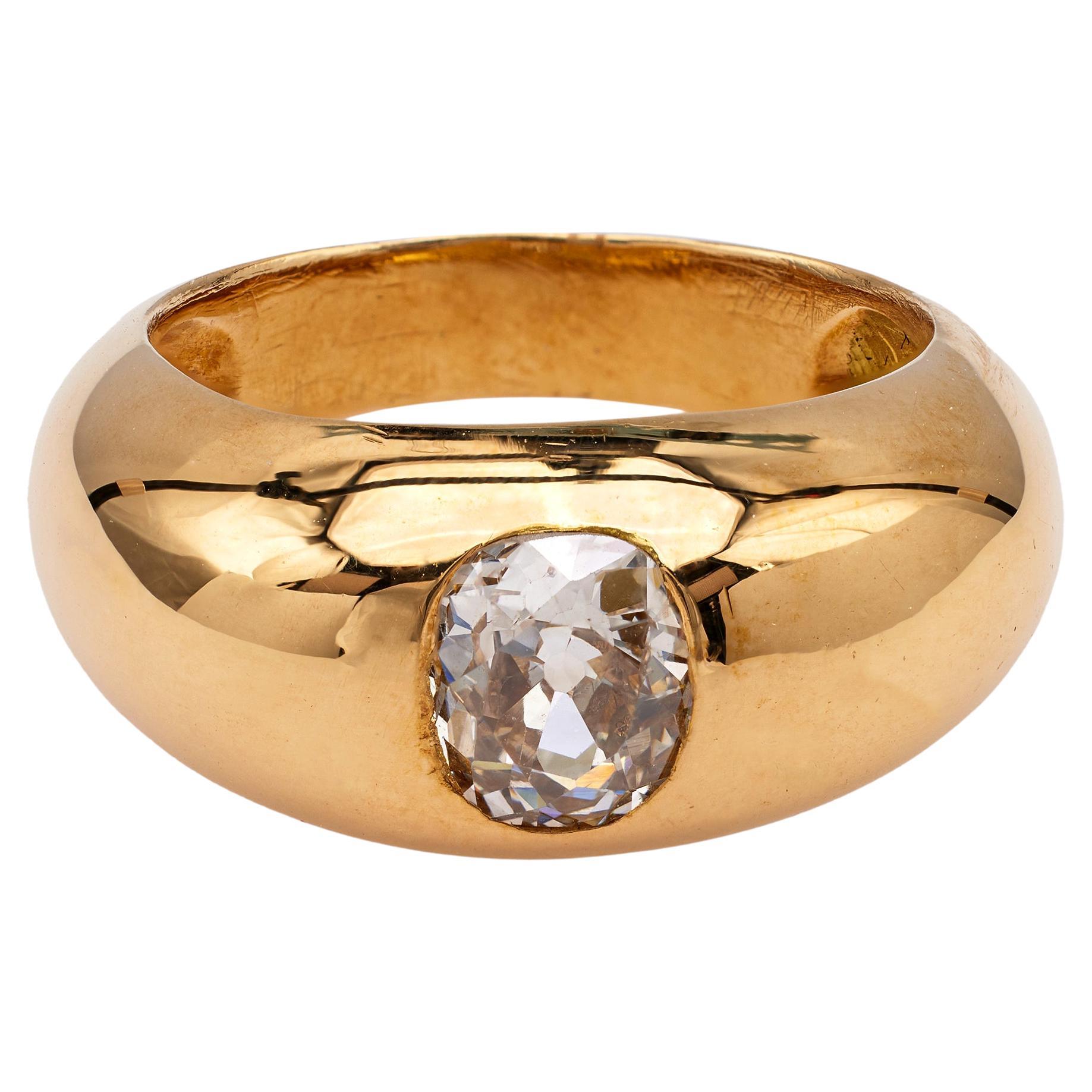 Vintage French Old Mine Cut Diamond 18k Yellow Gold Dome Ring