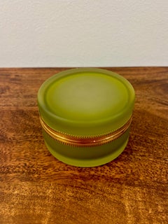 Vintage French Olive Green Opaline Glass Box with Ornate Brass Mounts