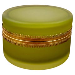 Vintage French Olive Green Opaline Glass Box with Ornate Brass Mounts