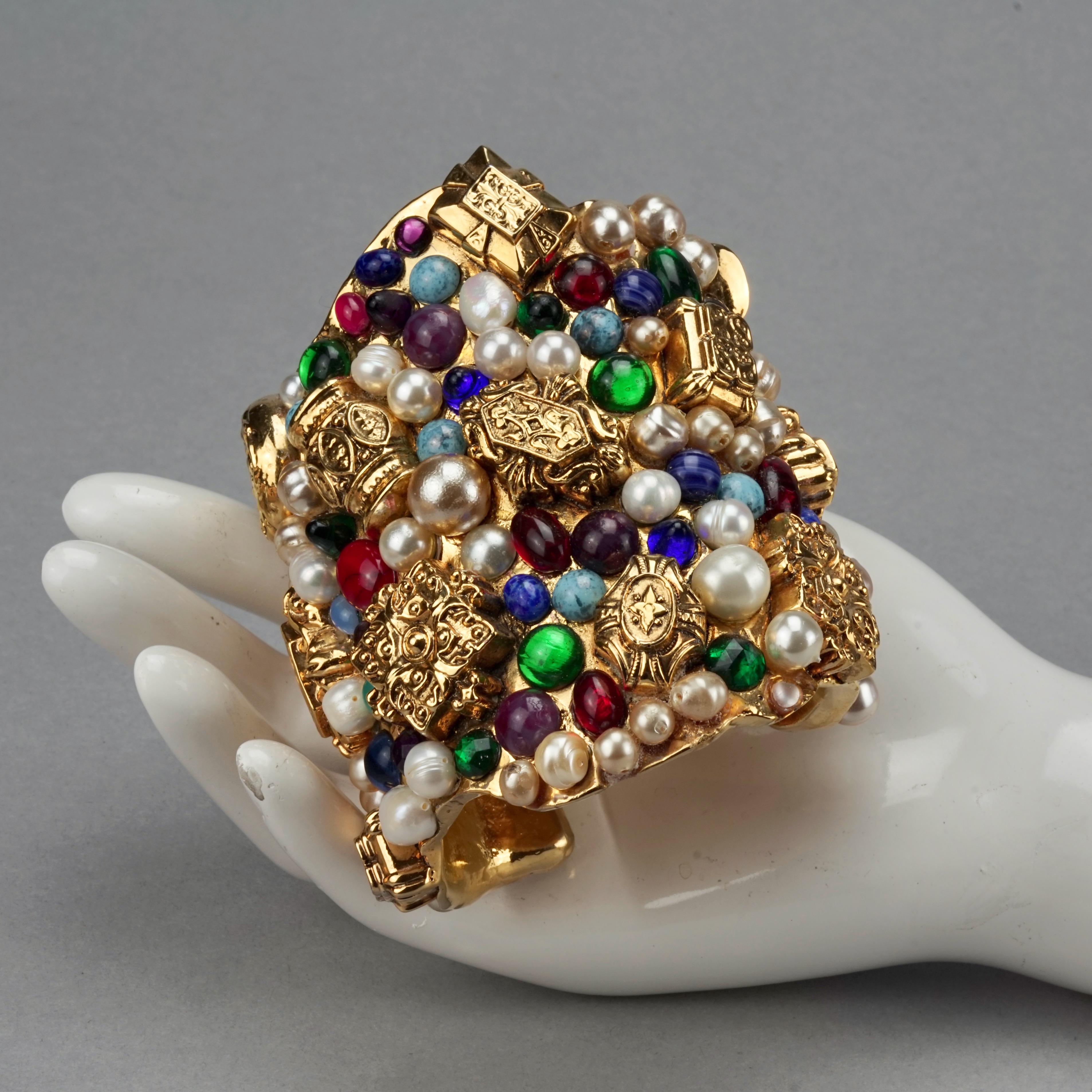 Vintage French Opulent Jewelled Cabochon Pearls Wide Cuff Bracelet For Sale 6