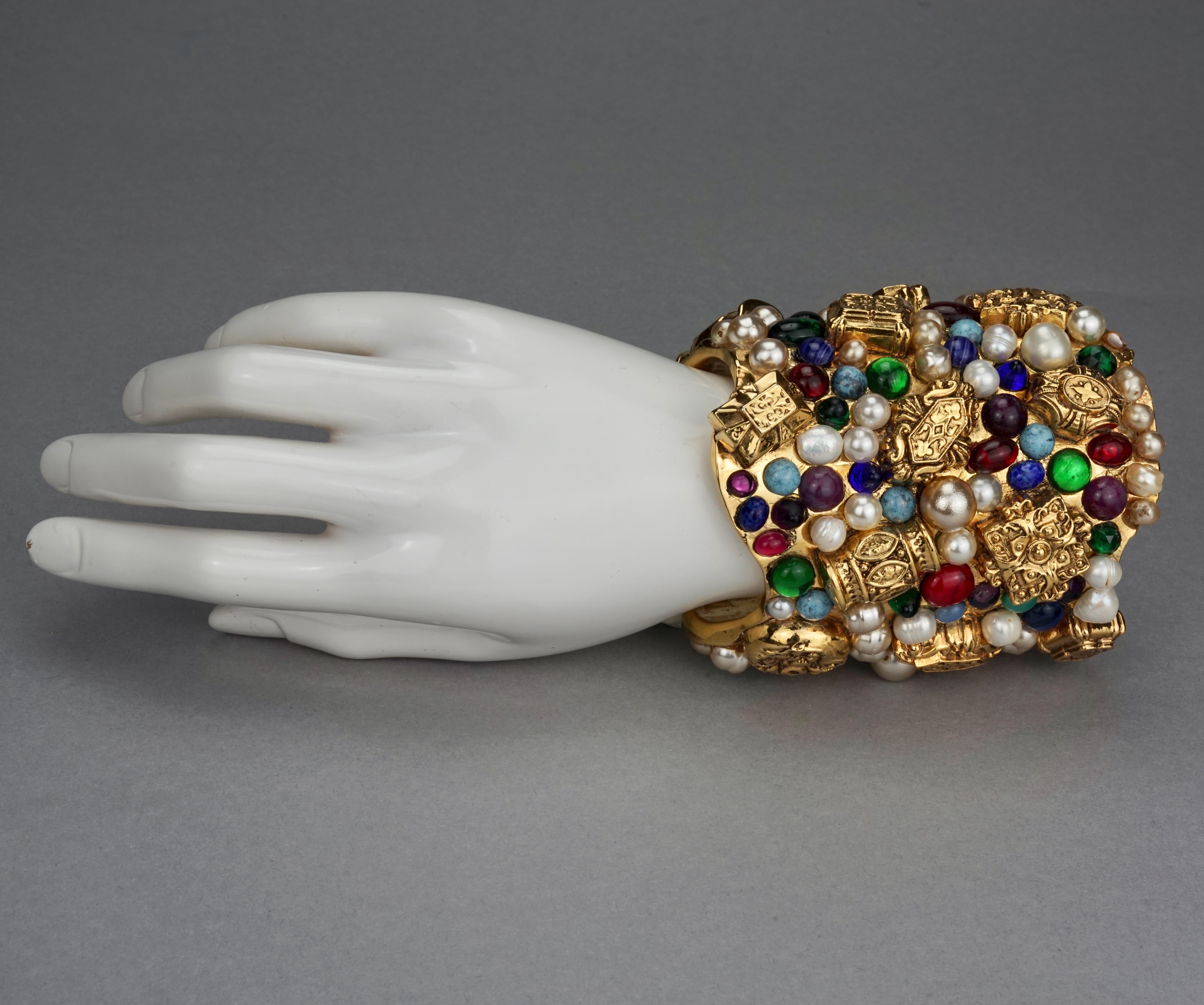Vintage French Opulent Jewelled Cabochon Pearls Wide Cuff Bracelet For Sale 7