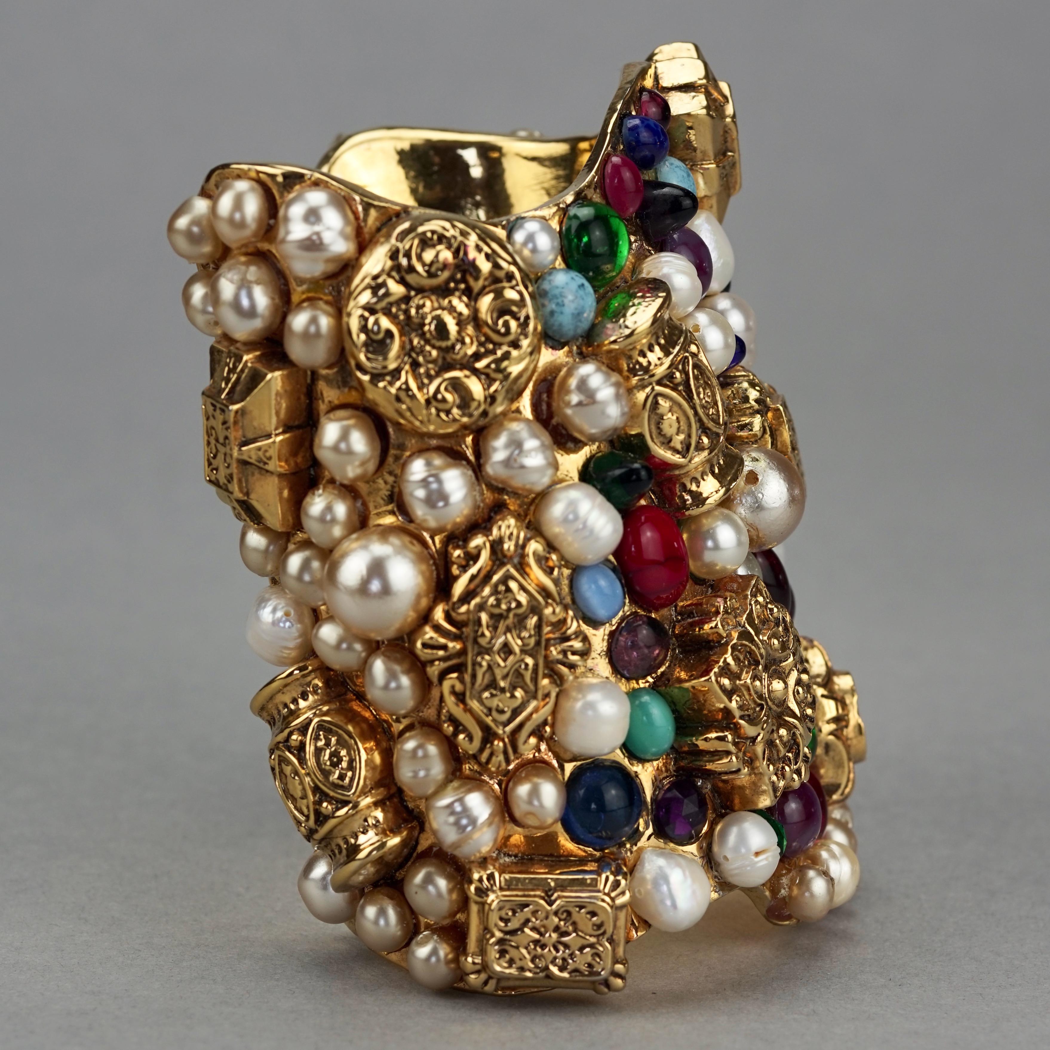 Vintage French Opulent Jewelled Cabochon Pearls Wide Cuff Bracelet For Sale 1