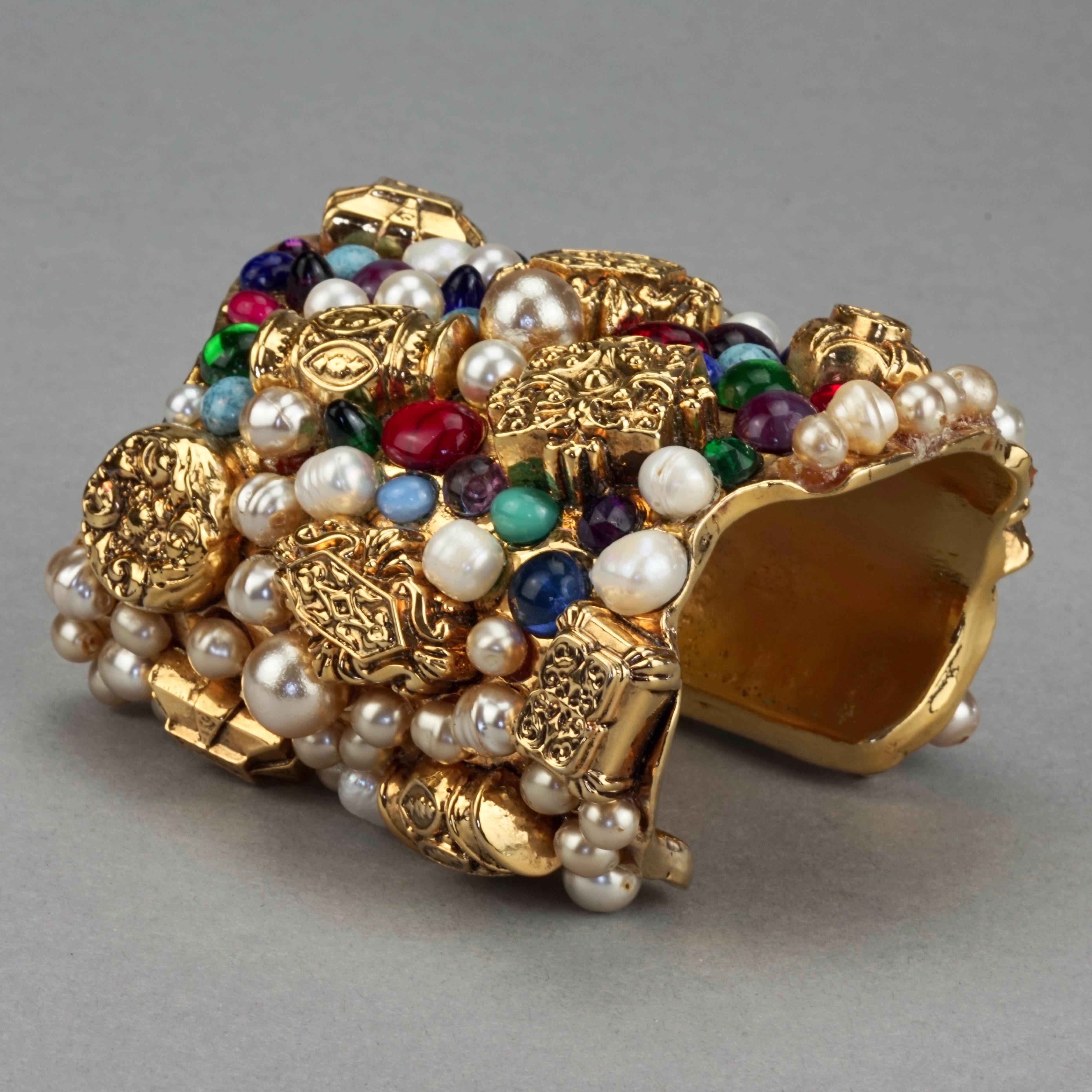 Vintage French Opulent Jewelled Cabochon Pearls Wide Cuff Bracelet For Sale 2
