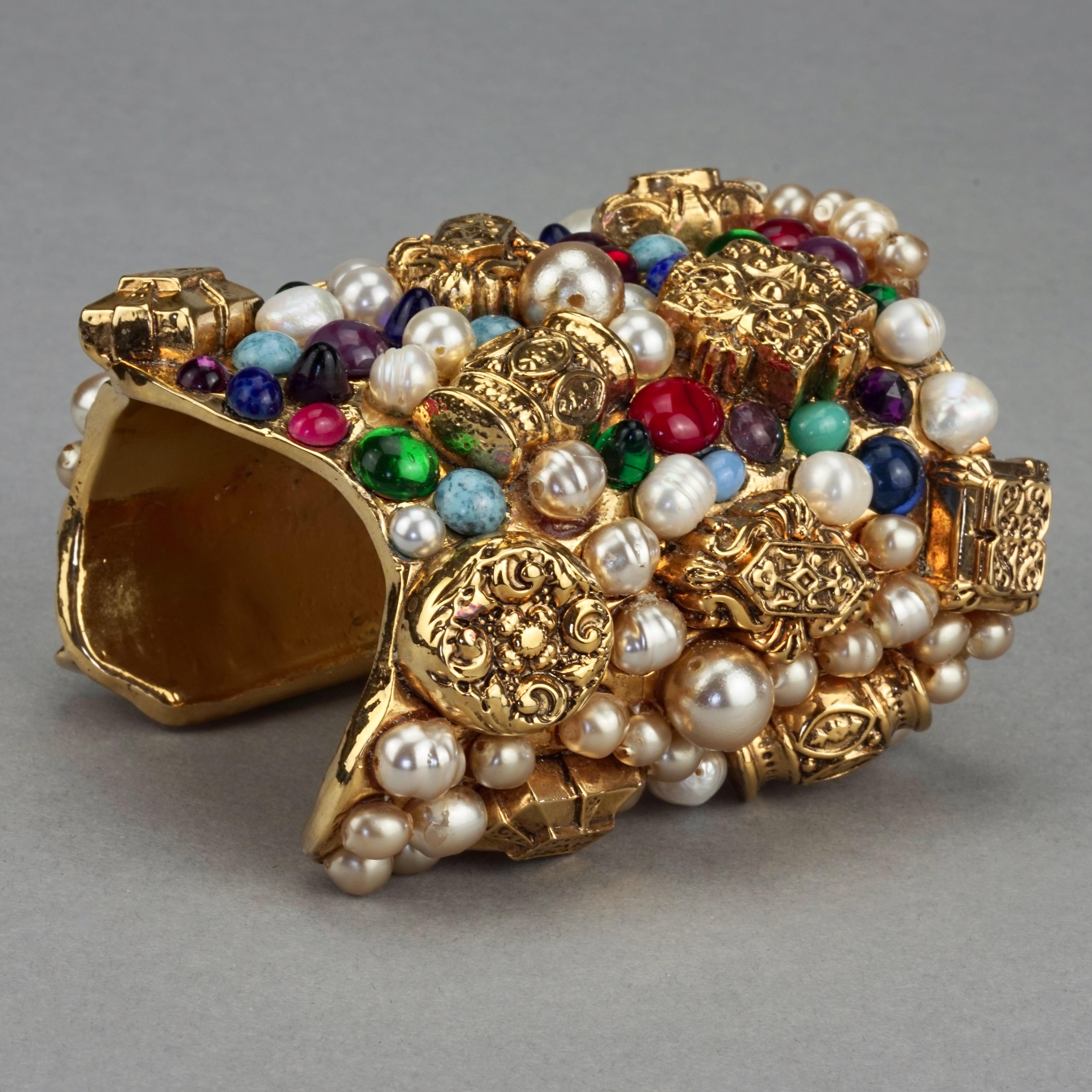 Vintage French Opulent Jewelled Cabochon Pearls Wide Cuff Bracelet For Sale 3