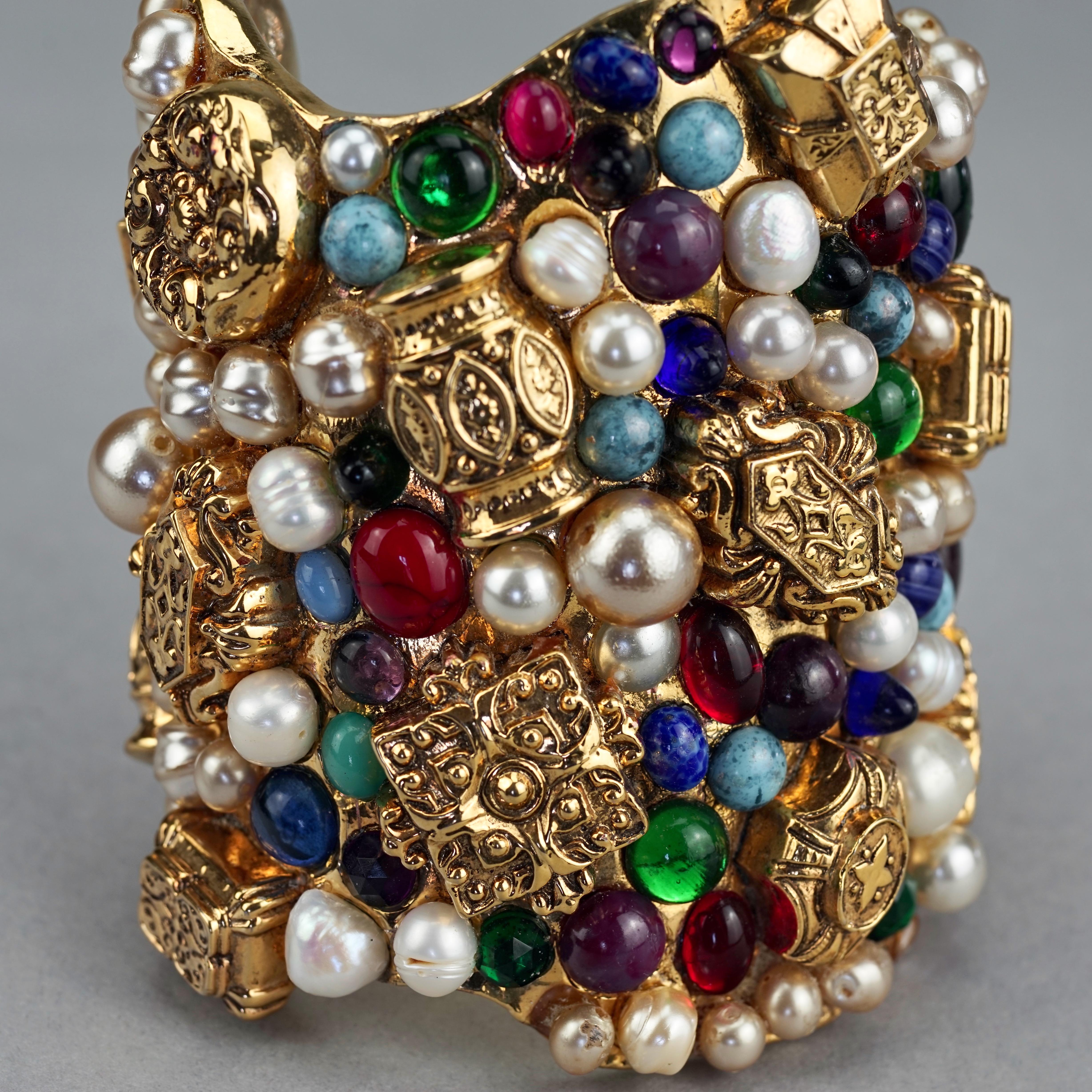 Vintage French Opulent Jewelled Cabochon Pearls Wide Cuff Bracelet For Sale 4
