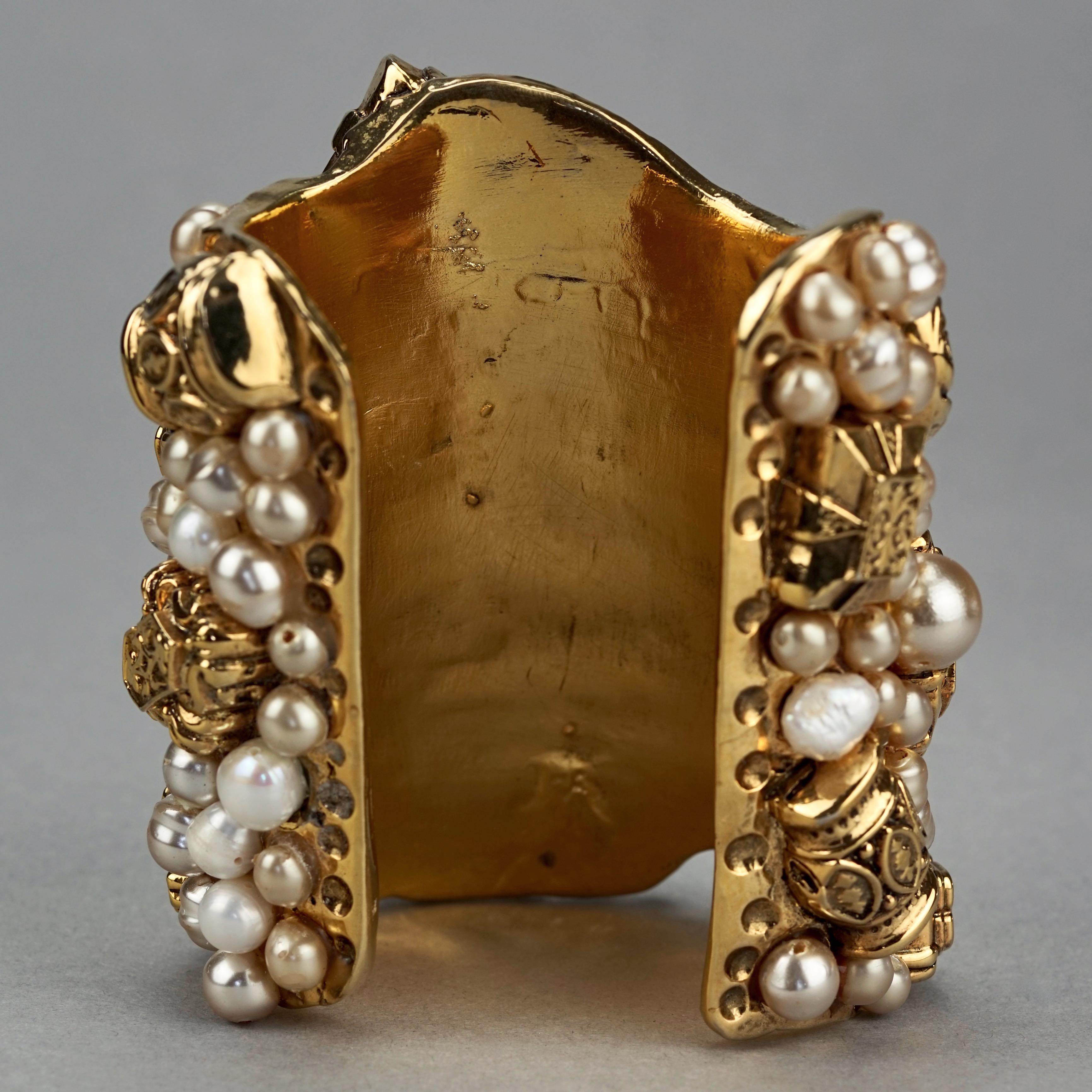 Vintage French Opulent Jewelled Cabochon Pearls Wide Cuff Bracelet For Sale 5