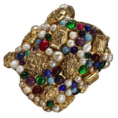 Vintage French Opulent Jewelled Cabochon Pearls Wide Cuff Bracelet
