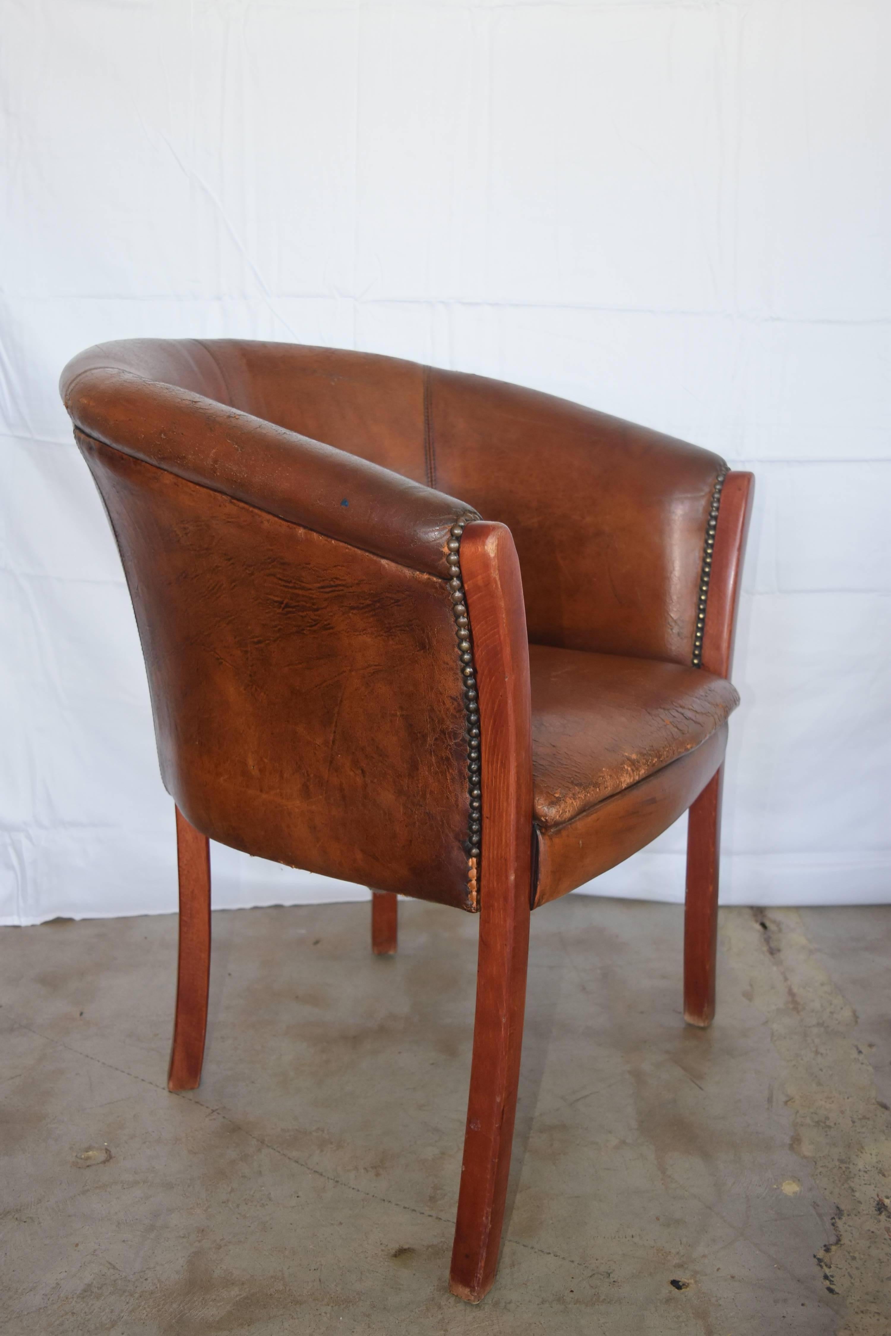 Vintage French or Belgian Wood Cognac Leather Club Chairs 6