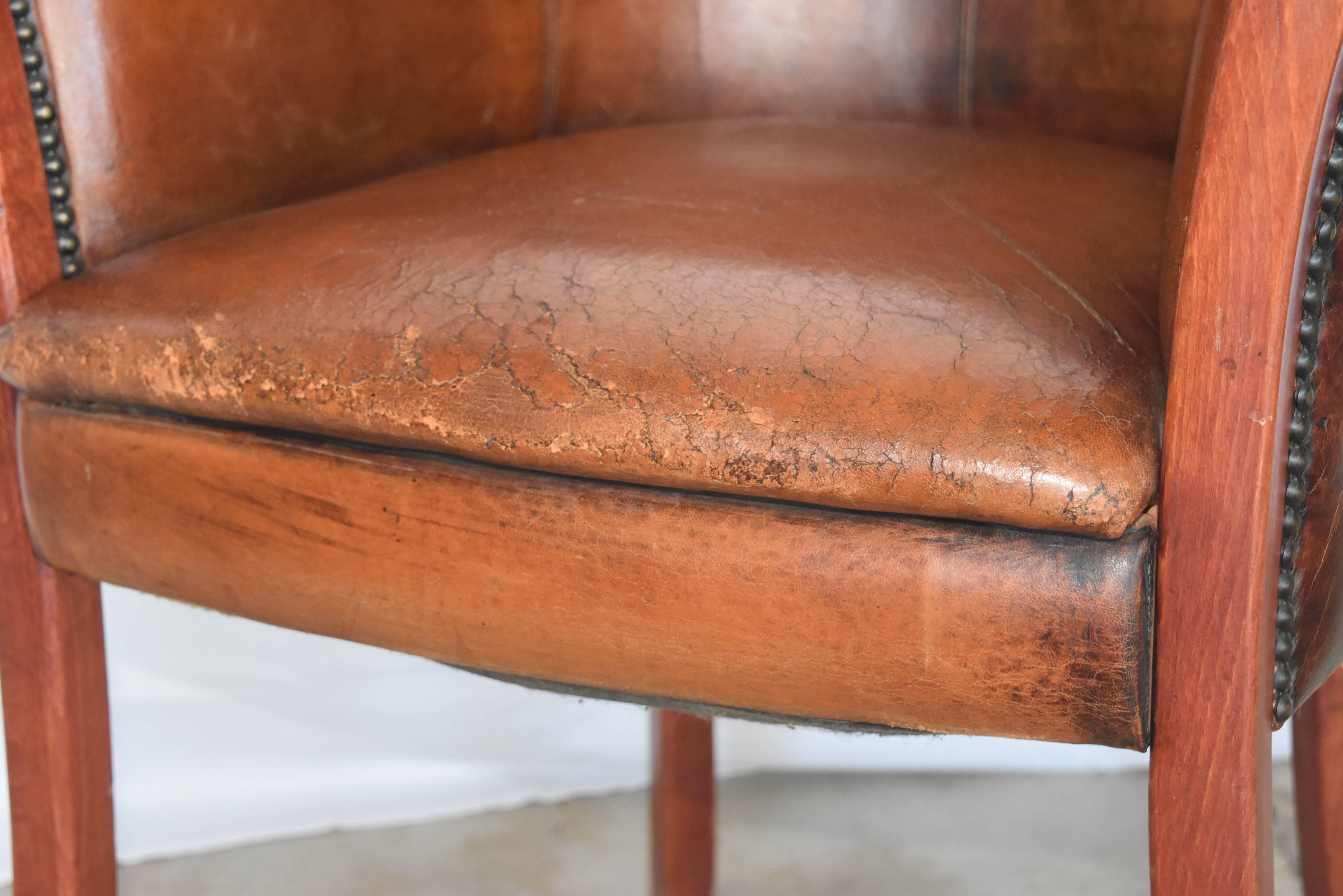 Vintage French or Belgian Wood Cognac Leather Club Chairs 8