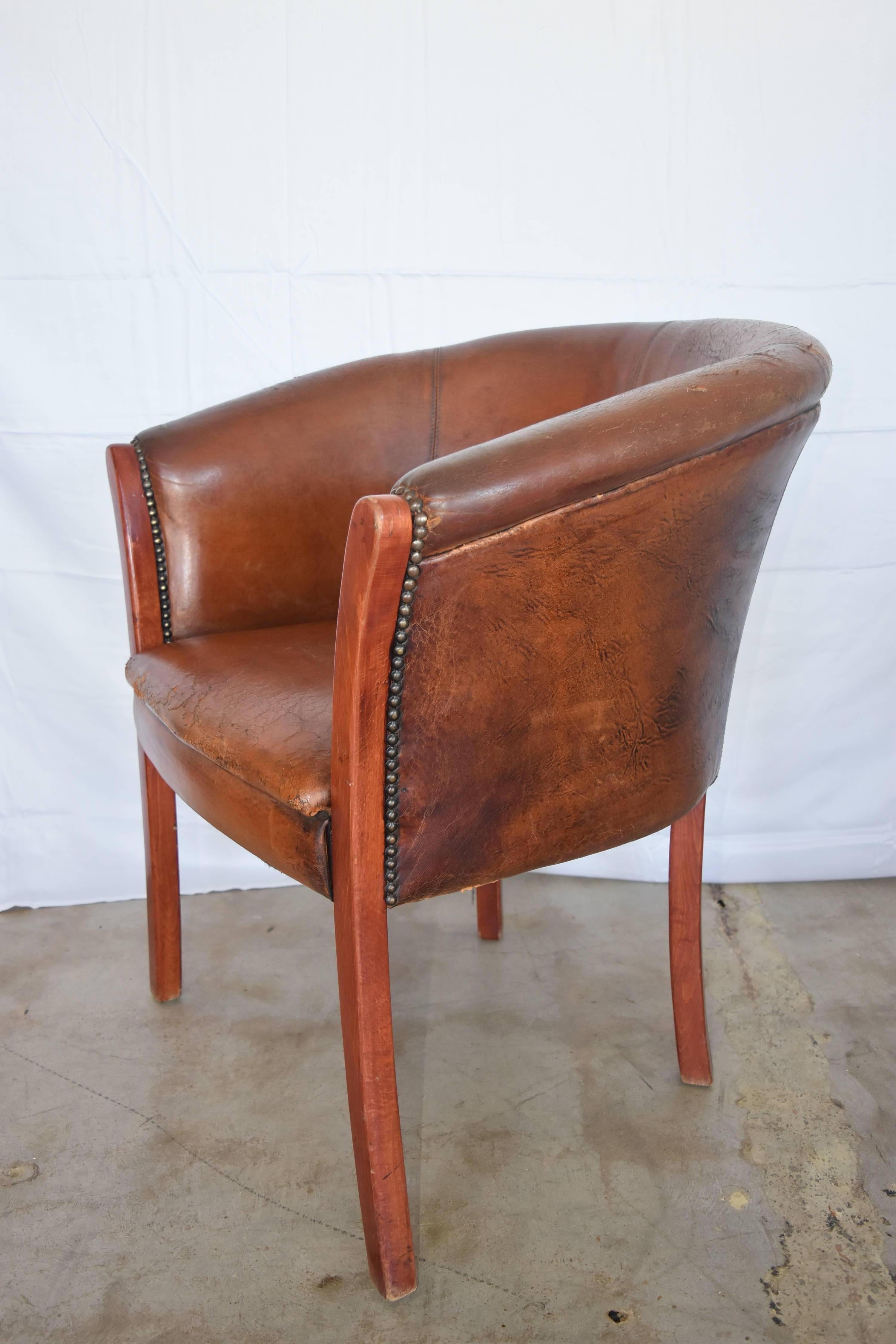 Vintage French or Belgian Wood Cognac Leather Club Chairs 10