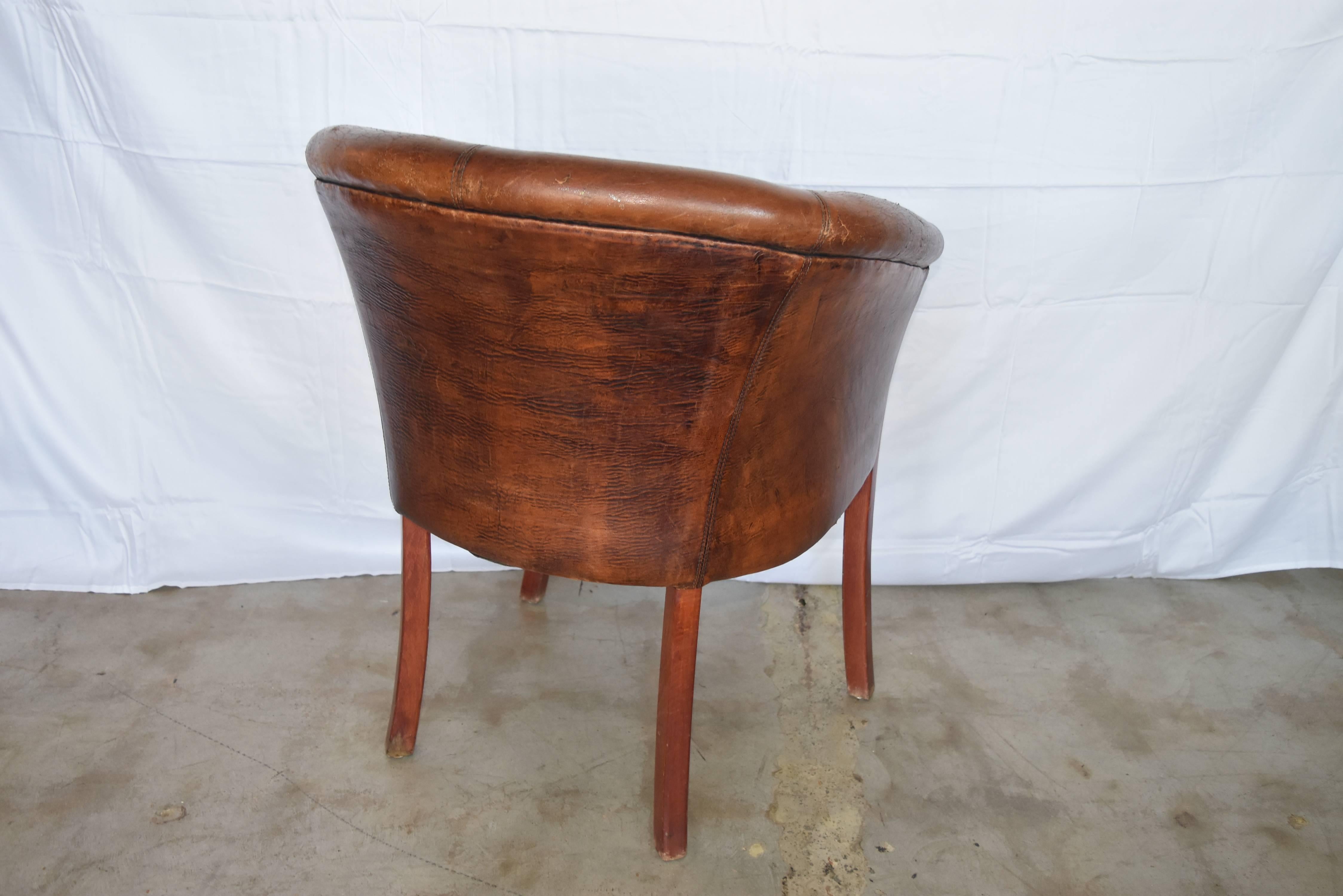 Vintage French or Belgian Wood Cognac Leather Club Chairs 11