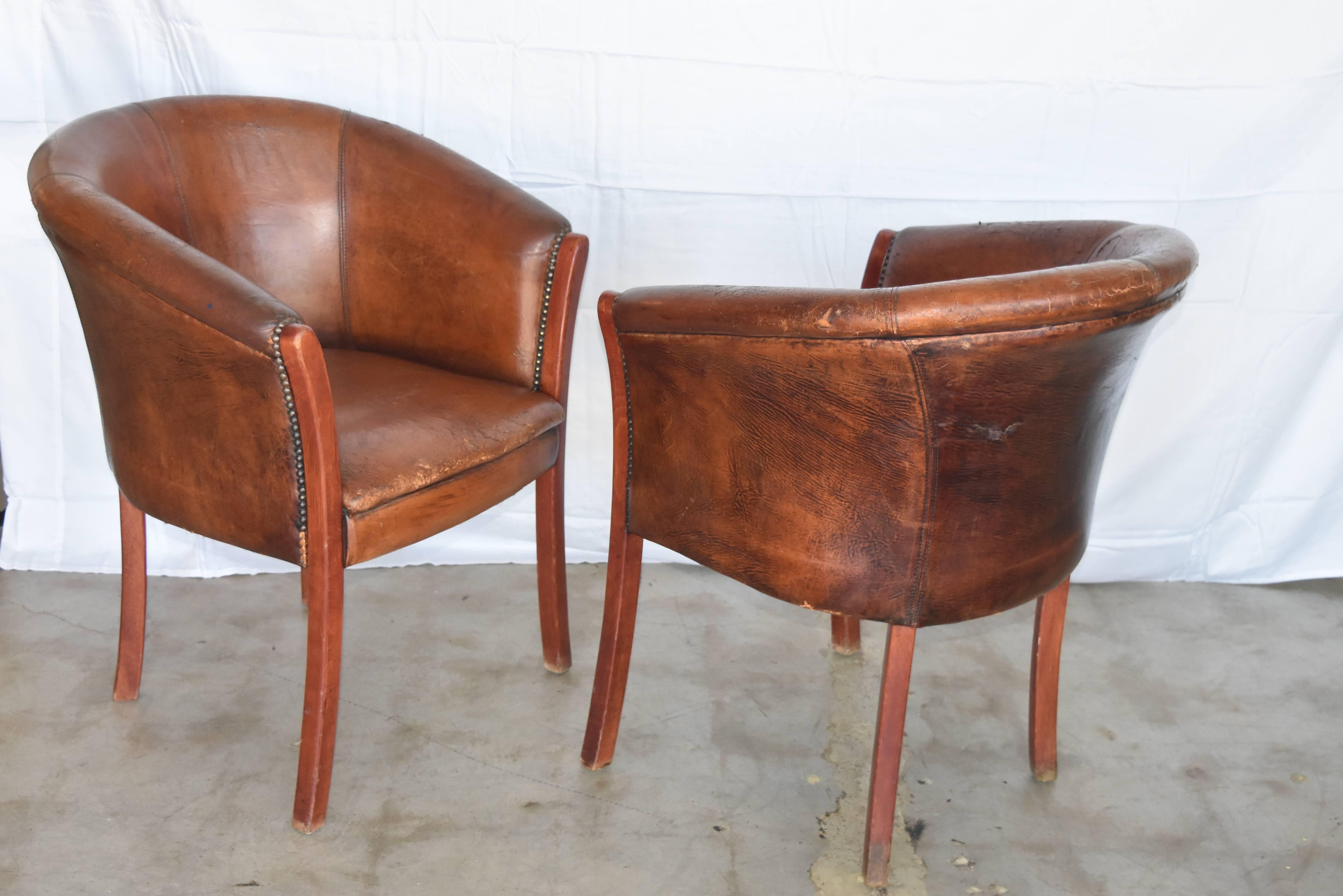 Vintage French or Belgian Wood Cognac Leather Club Chairs In Distressed Condition In Houston, TX