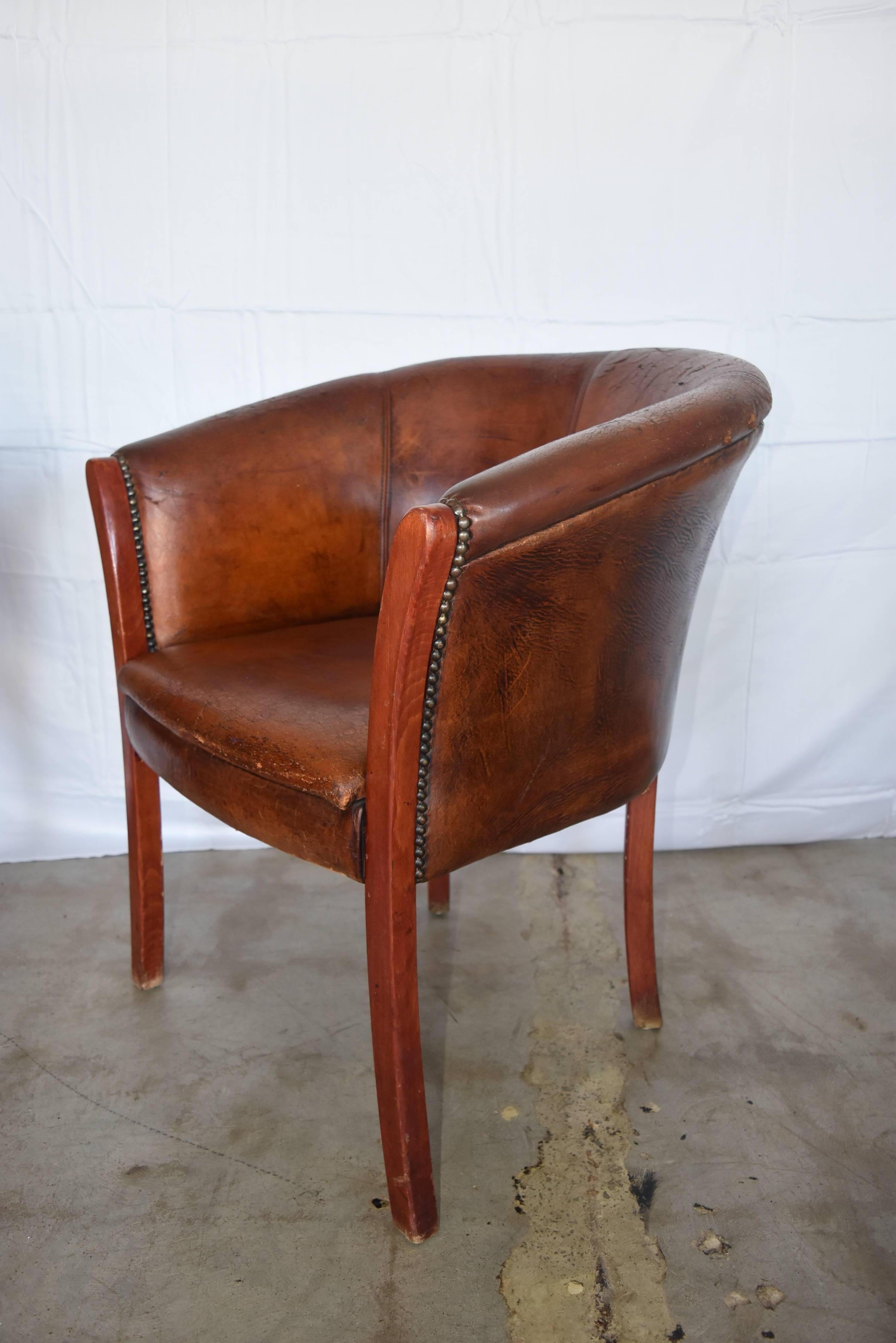 20th Century Vintage French or Belgian Wood Cognac Leather Club Chairs