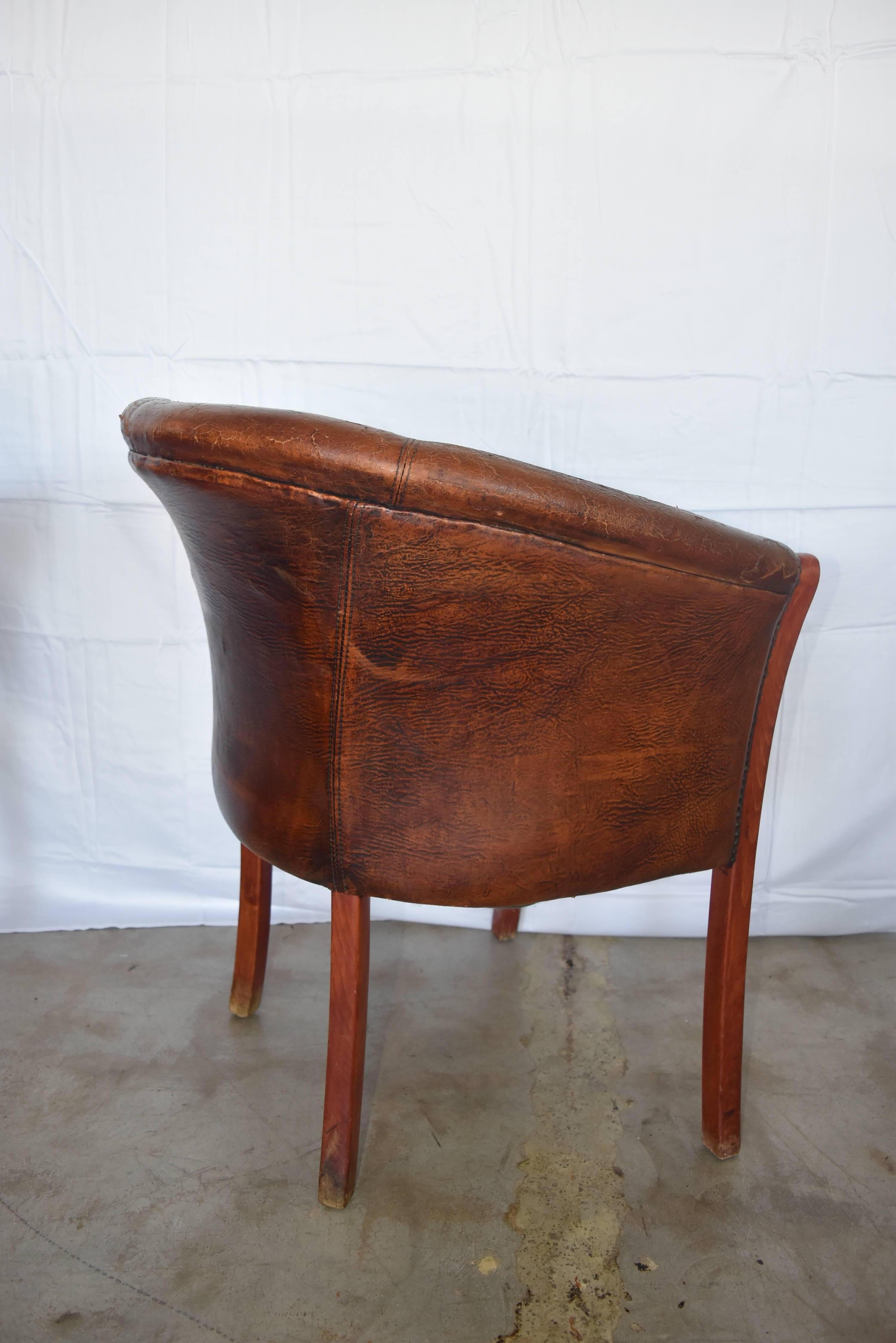 Vintage French or Belgian Wood Cognac Leather Club Chairs 4
